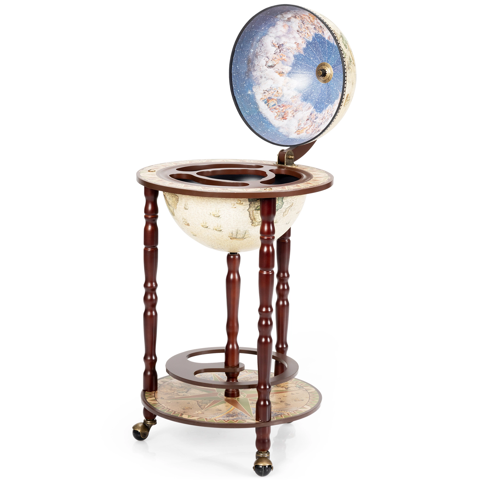 SUGIFT Brown 17-in Wooden Globe Bar Liquor Bottle Wine Rack on Wheels with Vintage World Map Design