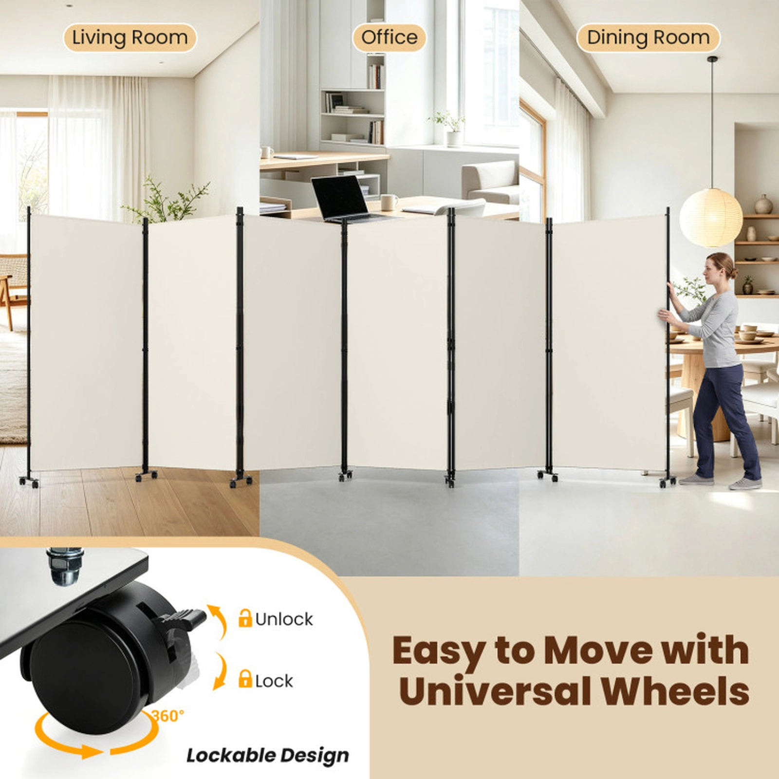 SUGIFT 6-Panel Folding Privacy Screen Room Divider with Wheels 71.5-in Tall Black/ Coffee