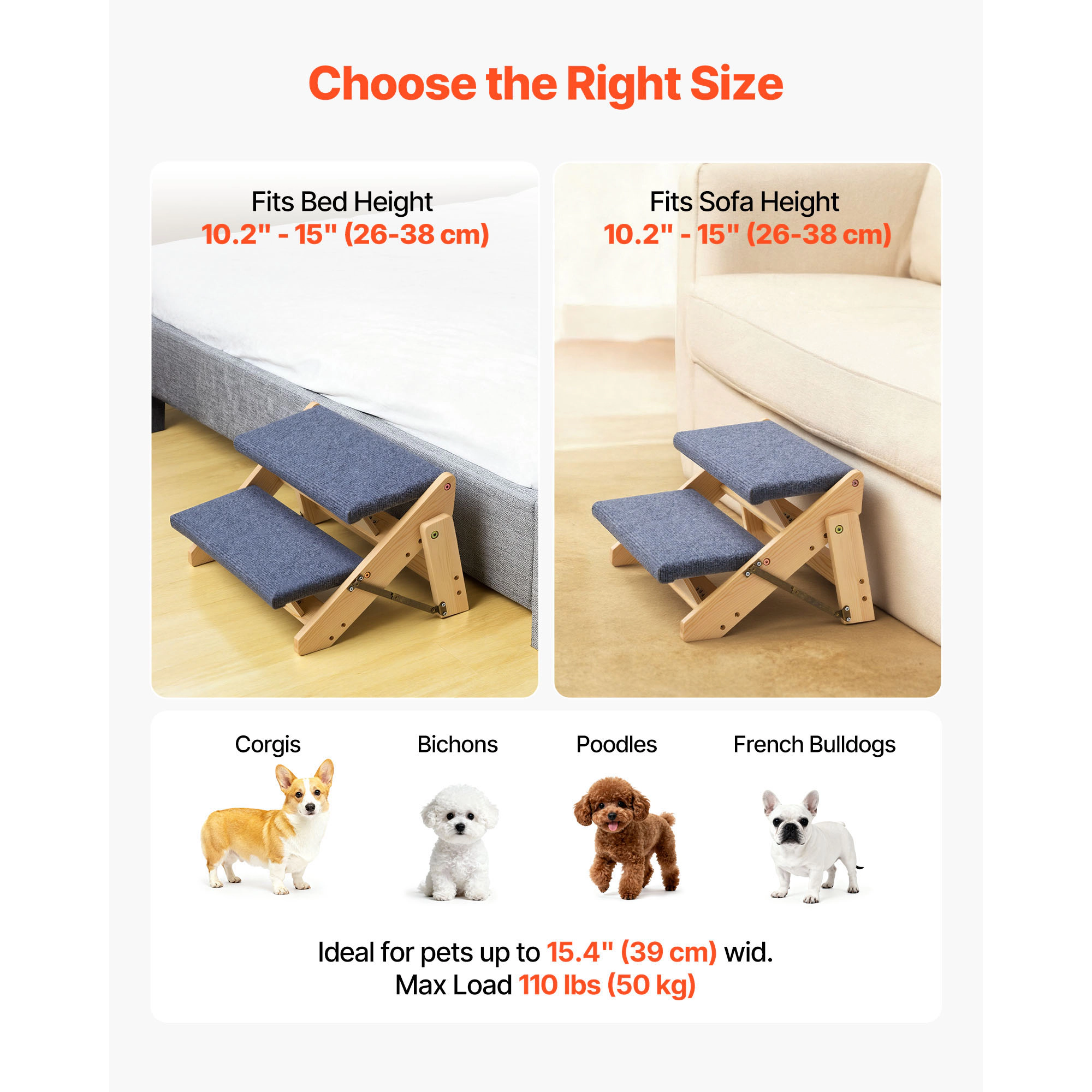 HONGGE Foldable 2-Step Wood Dog Stairs for Beds & Sofas, Compact Design, Supports Pets up to 110 lbs