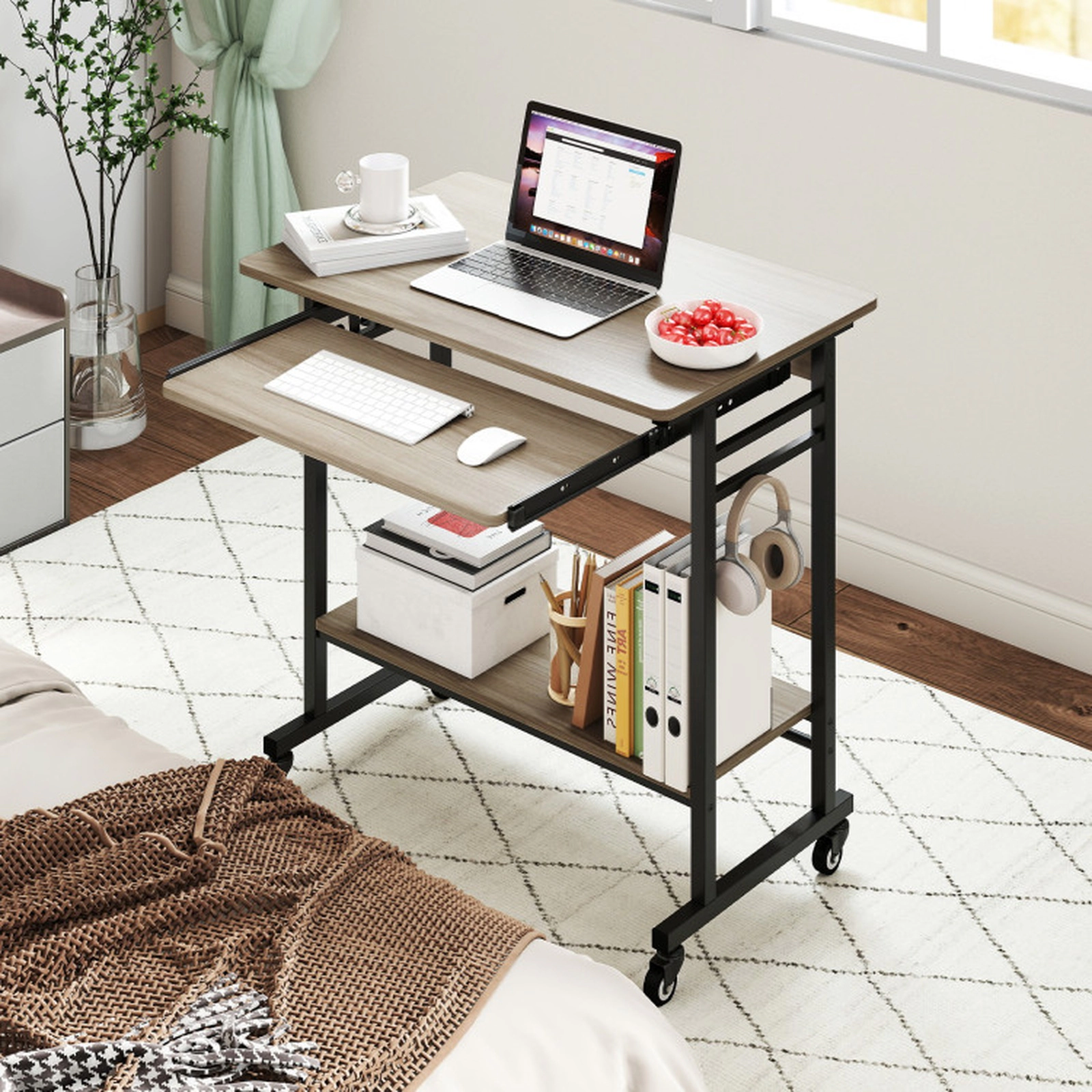 SUGIFT Pull-Out Keyboard Tray Bottom Shelf Rolling Laptop Computer Desk 31.5-in x 19.5-in x 31-in 160-lb Capacity Gray
