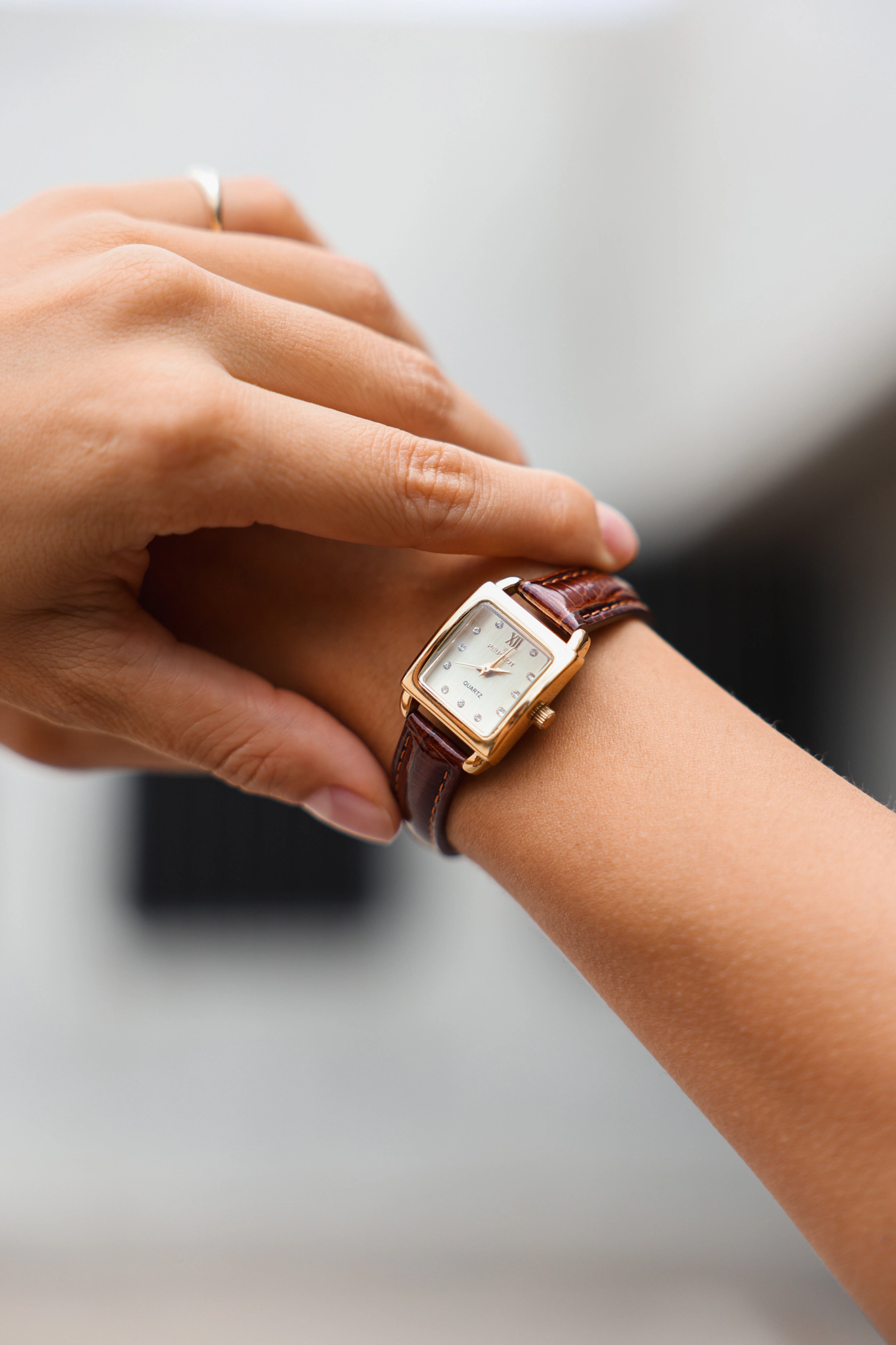 Peugeot Women's 20mm Square Watch with Glossy Brown Leather Strap