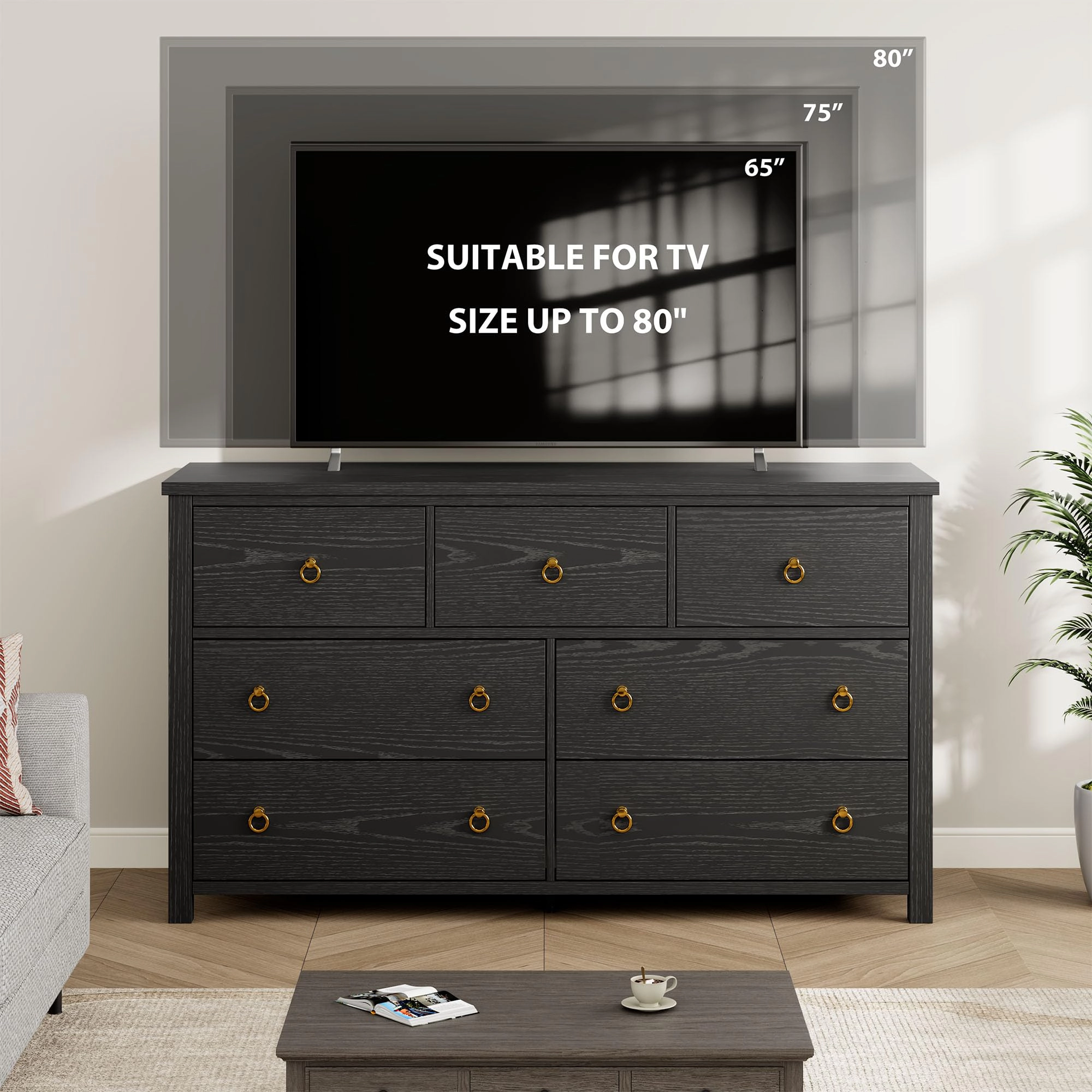 7 Drawer Modern Black Dresser & TV Stand, 54" Wide Wooden Storage Cabinet for Bedroom Living Room