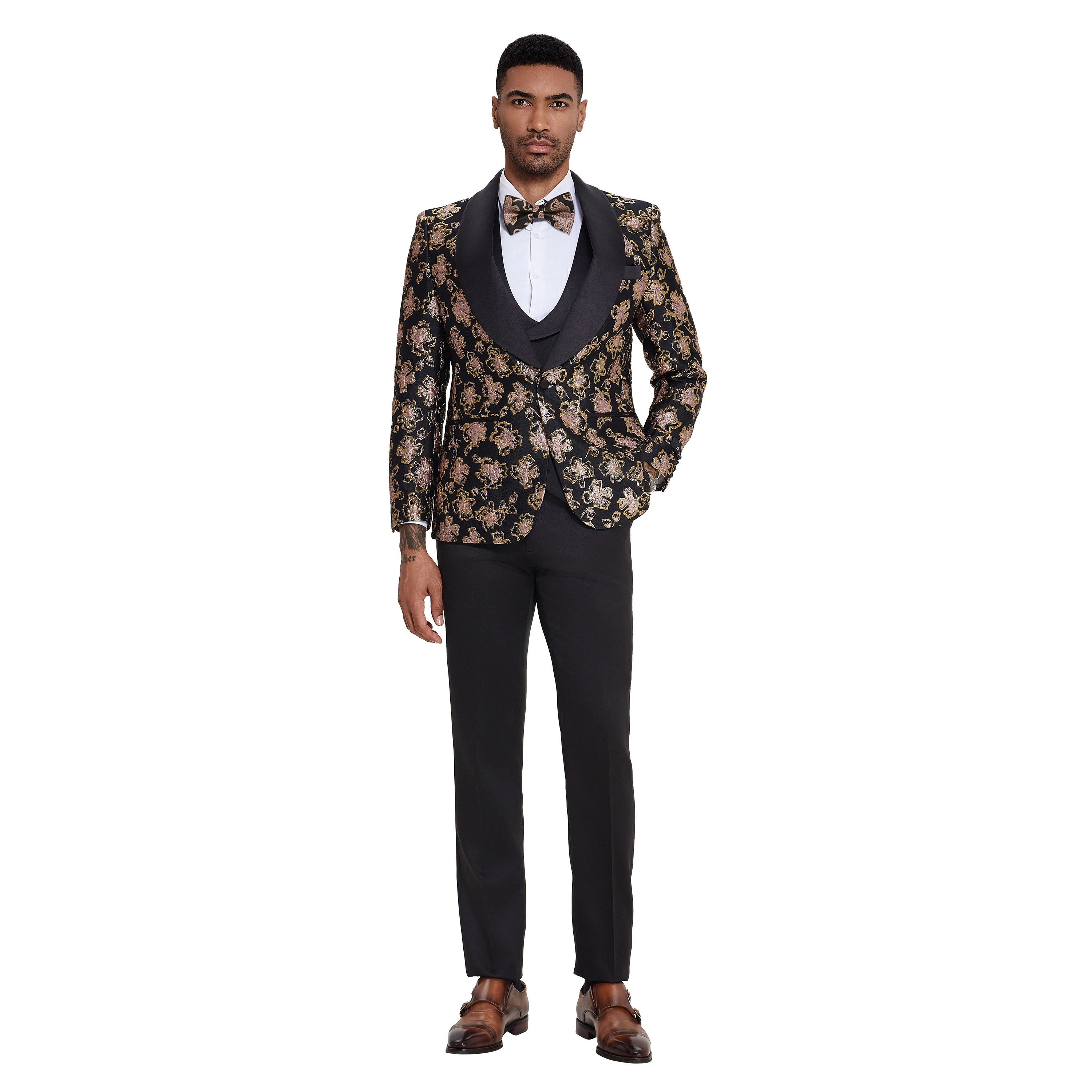 Tazzio Mens Skinny Fit Double Breasted 2 Piece Tuxedo Set with Velvet Black Peak Lapel