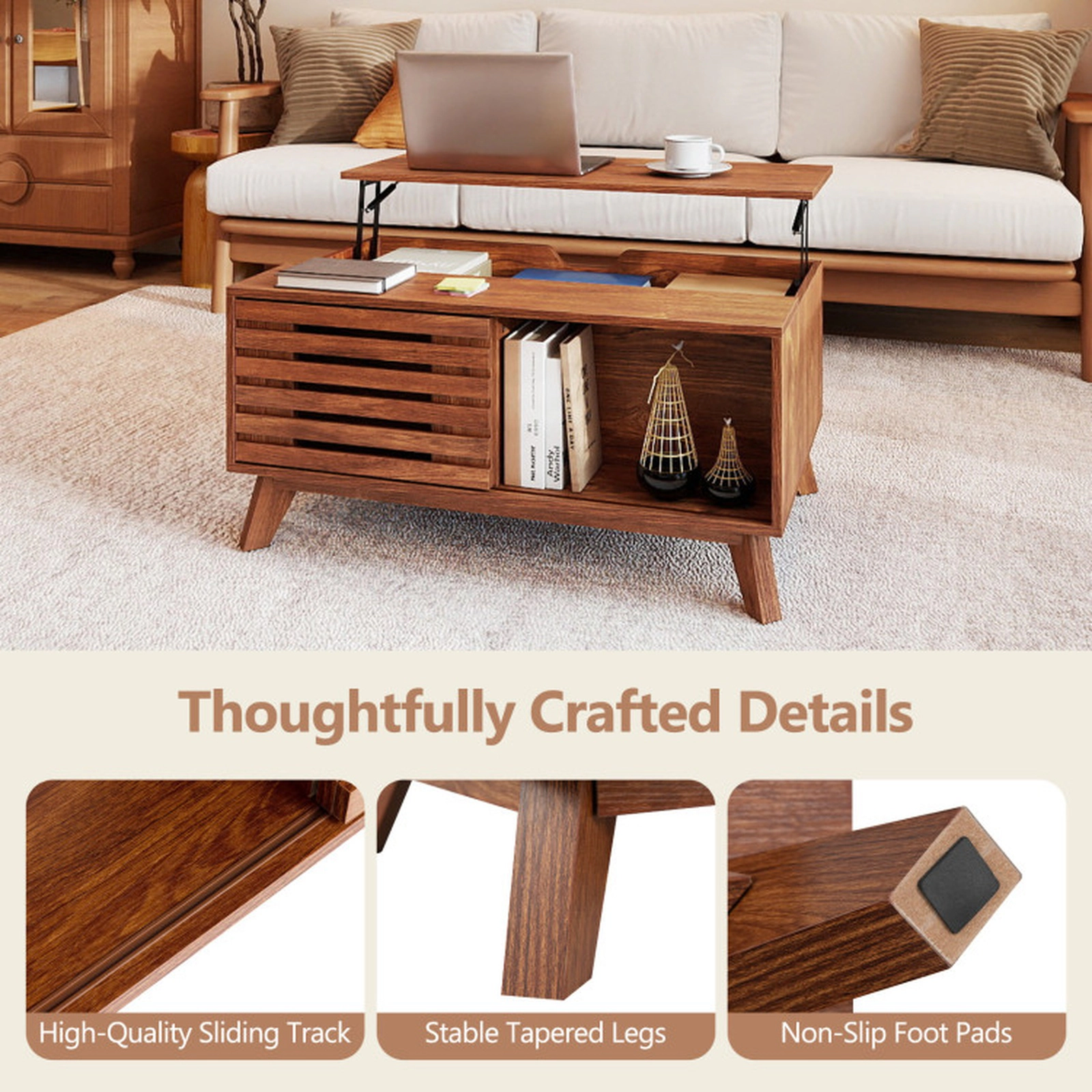 SUGIFT 35.5-in Lift Top Coffee Table with Hidden Compartment and Sliding Door 165-lb Tabletop Capacity Brown