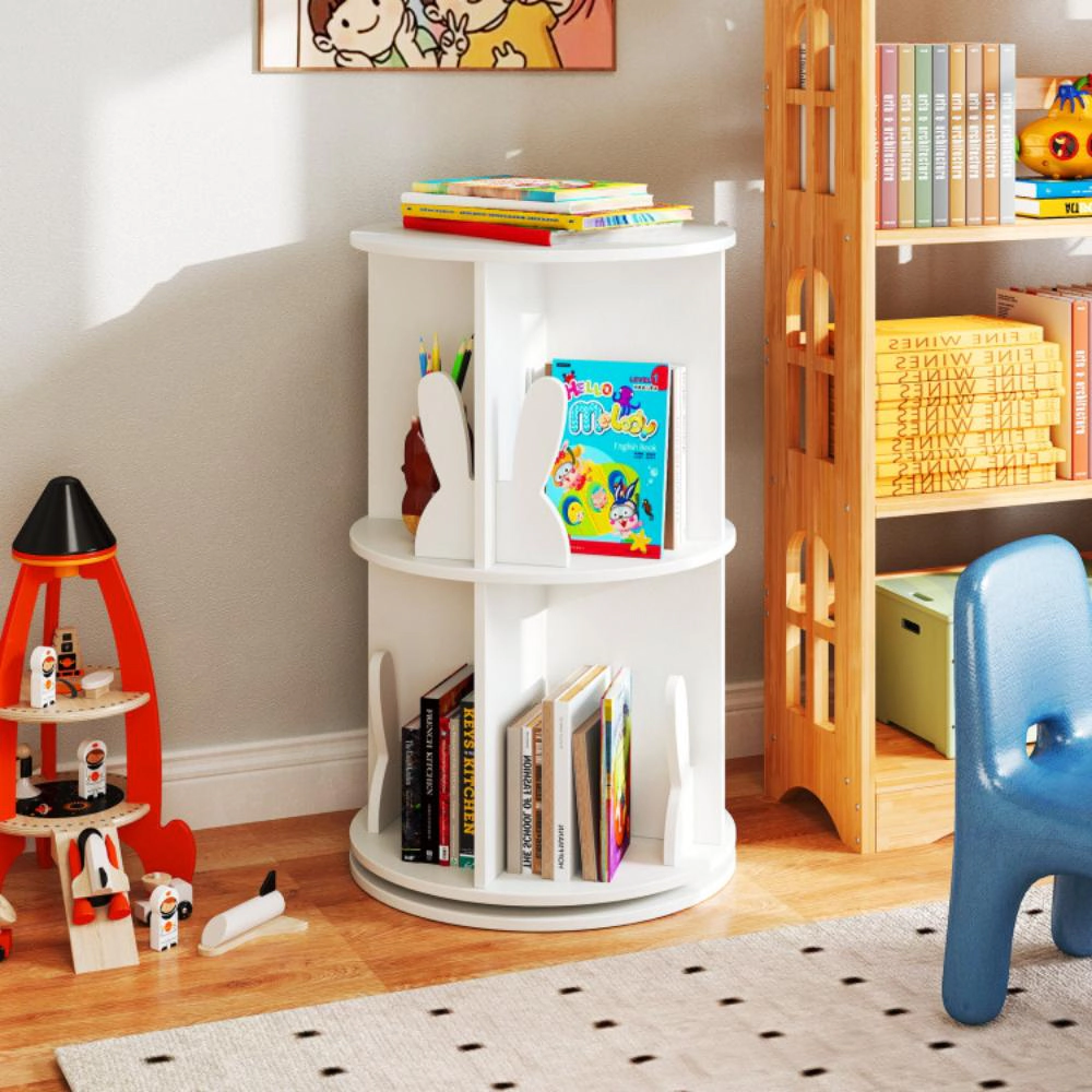 Hivvago 2 Tier Freestanding Kids Rotating Bookshelf Storage Rack with Bunny Baffles