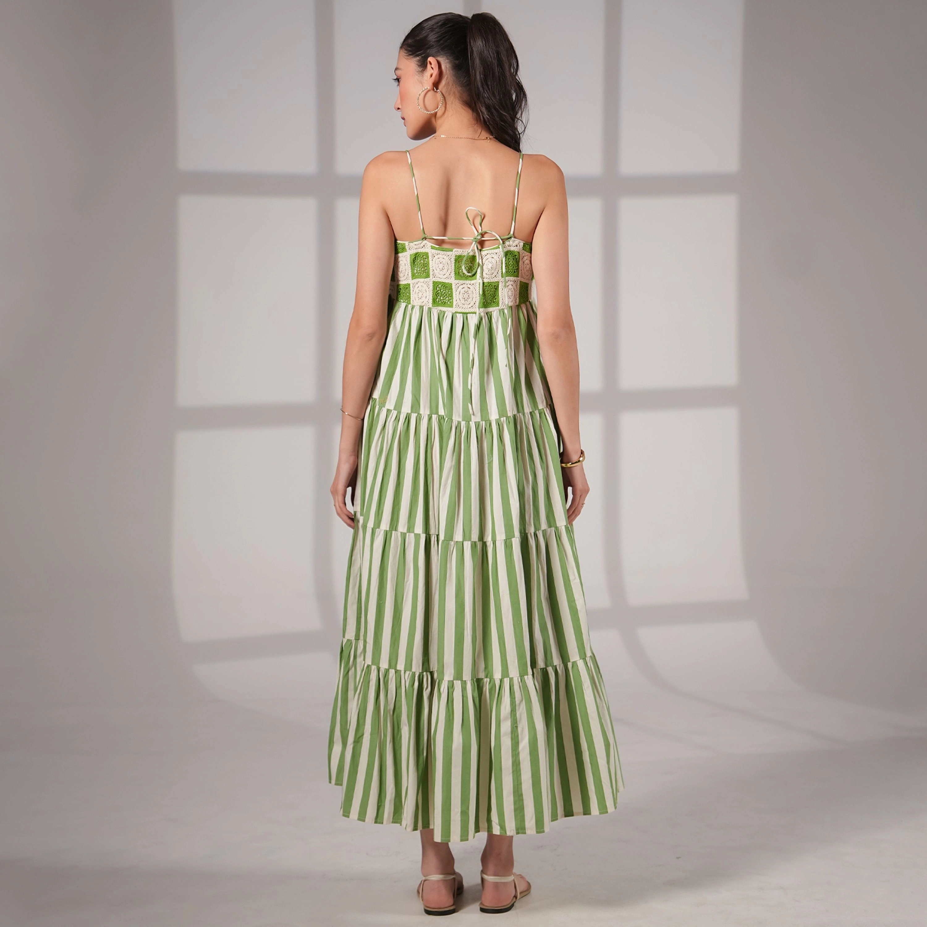 Rose & Nancy Women's Helena Green Cotton Crochet Stripe Maxi Sun Dress
