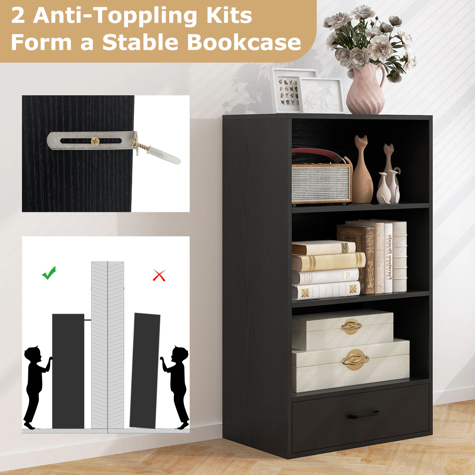 SUGIFT 4-Tier Natural Bookcase with Base Drawer and Anti-Toppling Device 24-in W 42.5-in H 44-lb Per Shelf