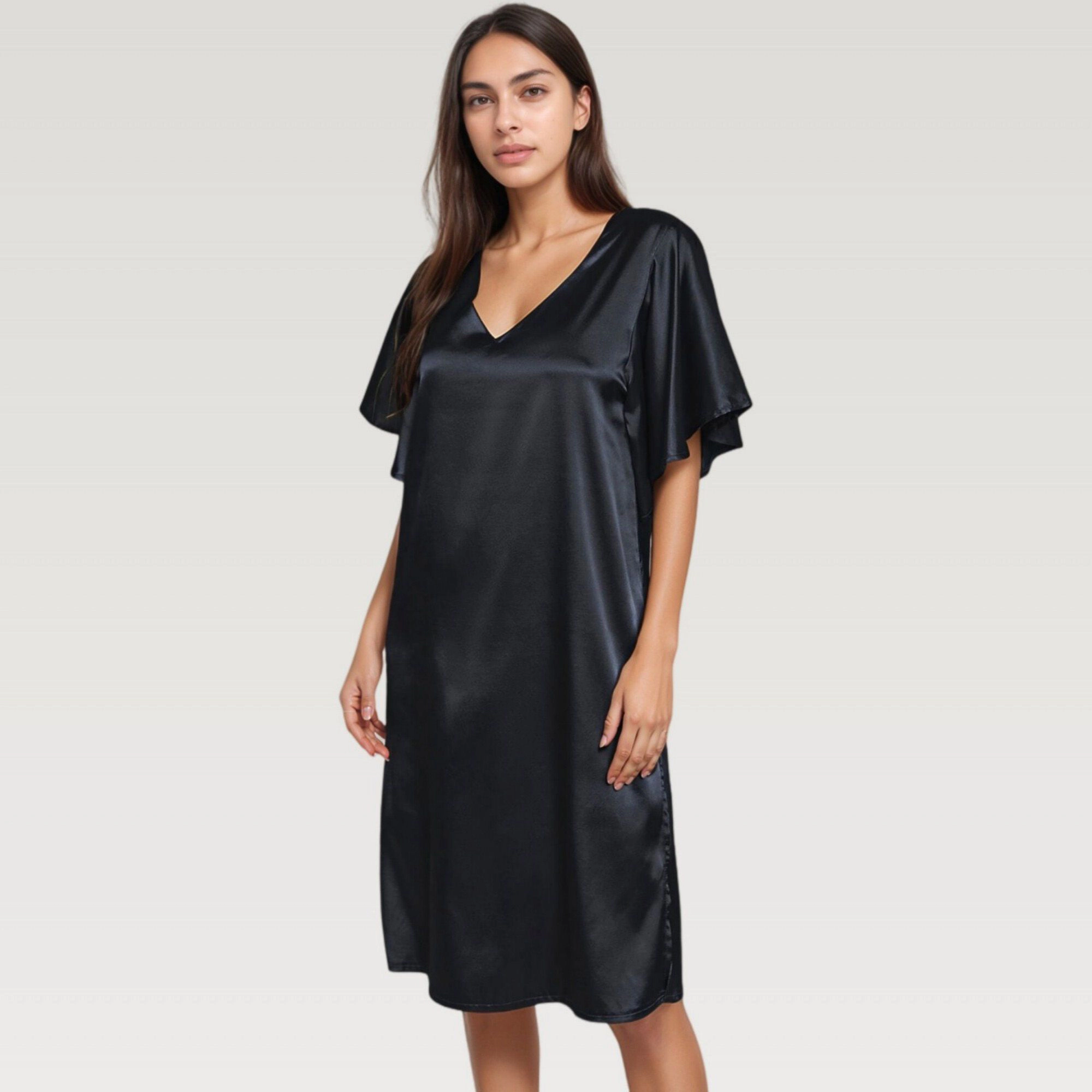 Anna-Kaci Women's Satin V-Neckline Flutter Sleeves Midi Dress