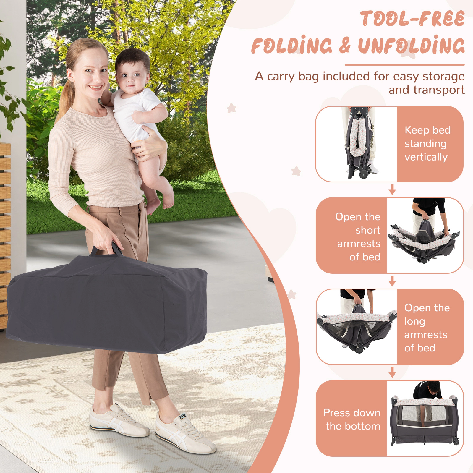 SUGIFT 4-in-1 Portable Pack and Play Baby Nursery Center with Bassinet 33-lb Capacity Ages 0-3 Years Black/Gray