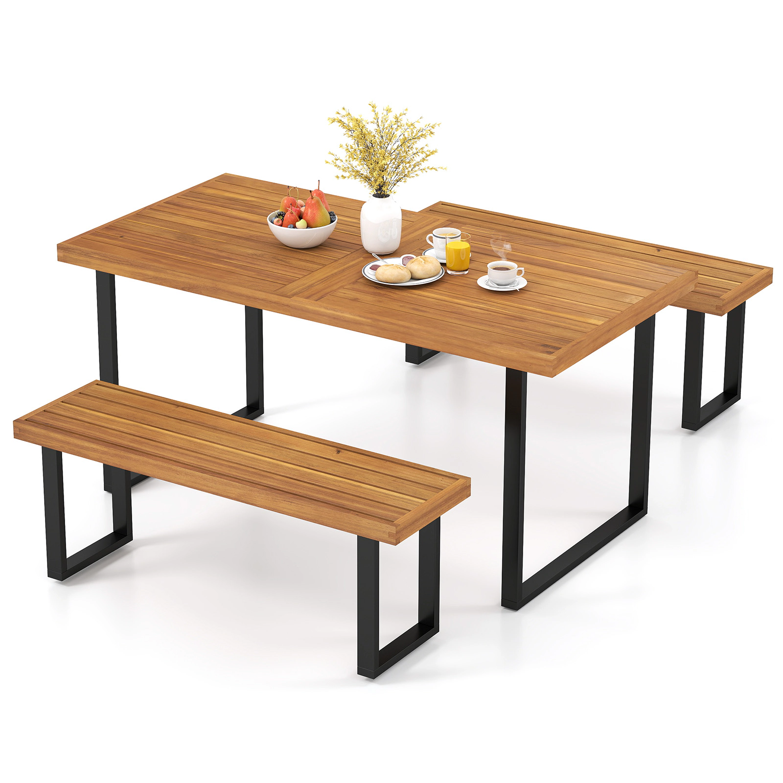 LJG 3 Pieces Patio Dining Table Set 63" Rectangle Table and 2 Backless Bench