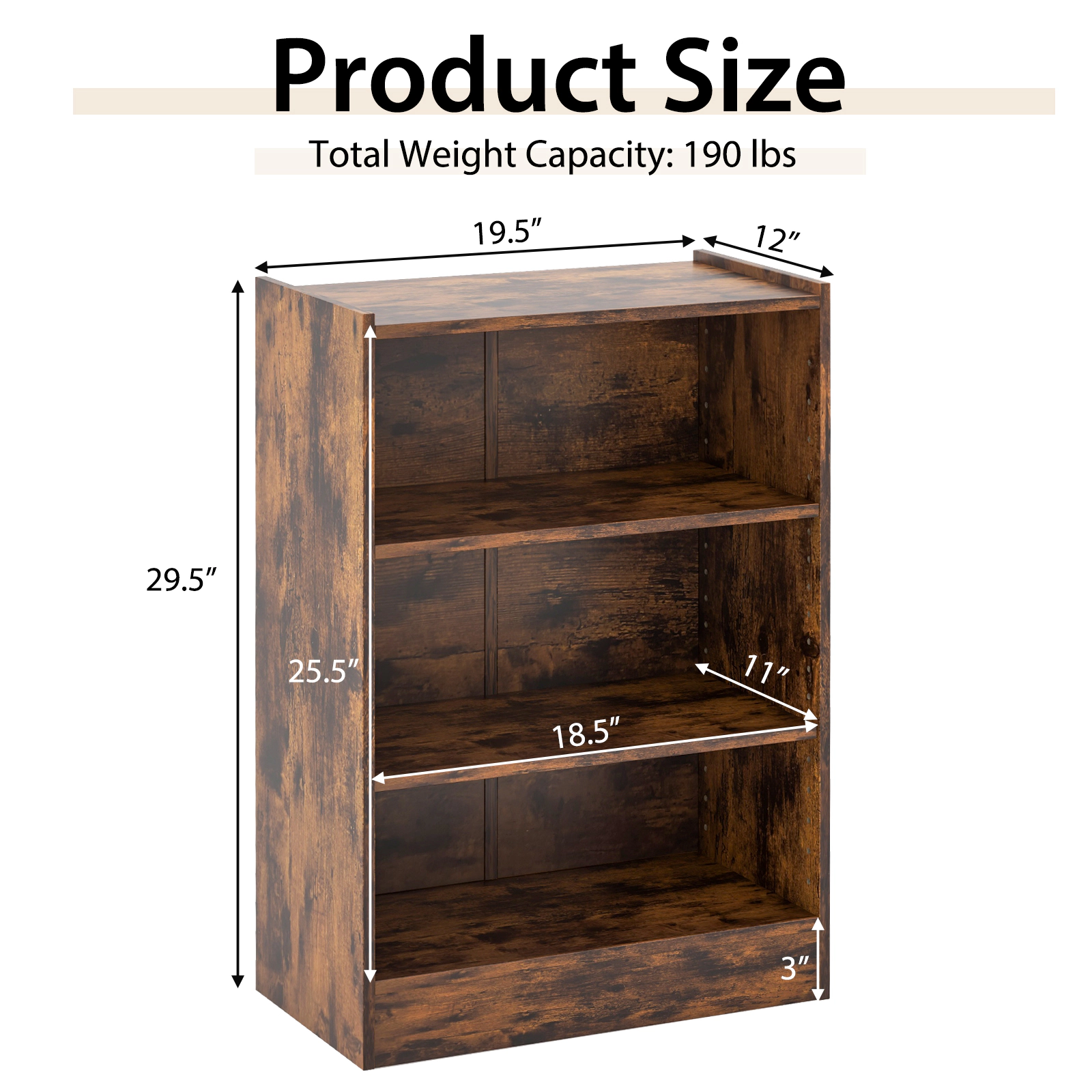 SUGIFT 3-Tier Rustic Brown 29.5-in Small Bookshelf with 18-Position Adjustable Shelves and Raised Top