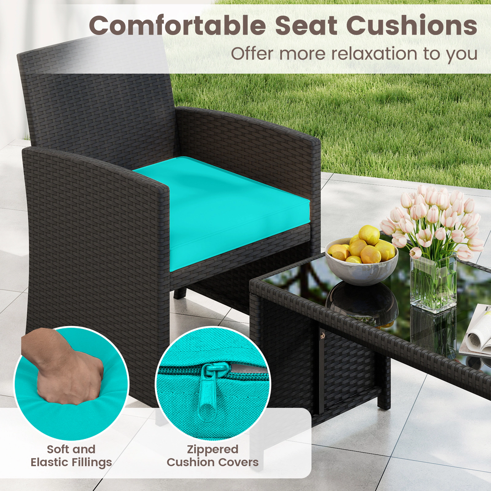 SUGIFT 4-Piece Rattan Patio Conversation Set Tempered Glass Tabletop 400/800-lb Capacity Turquoise Cushions White/Black