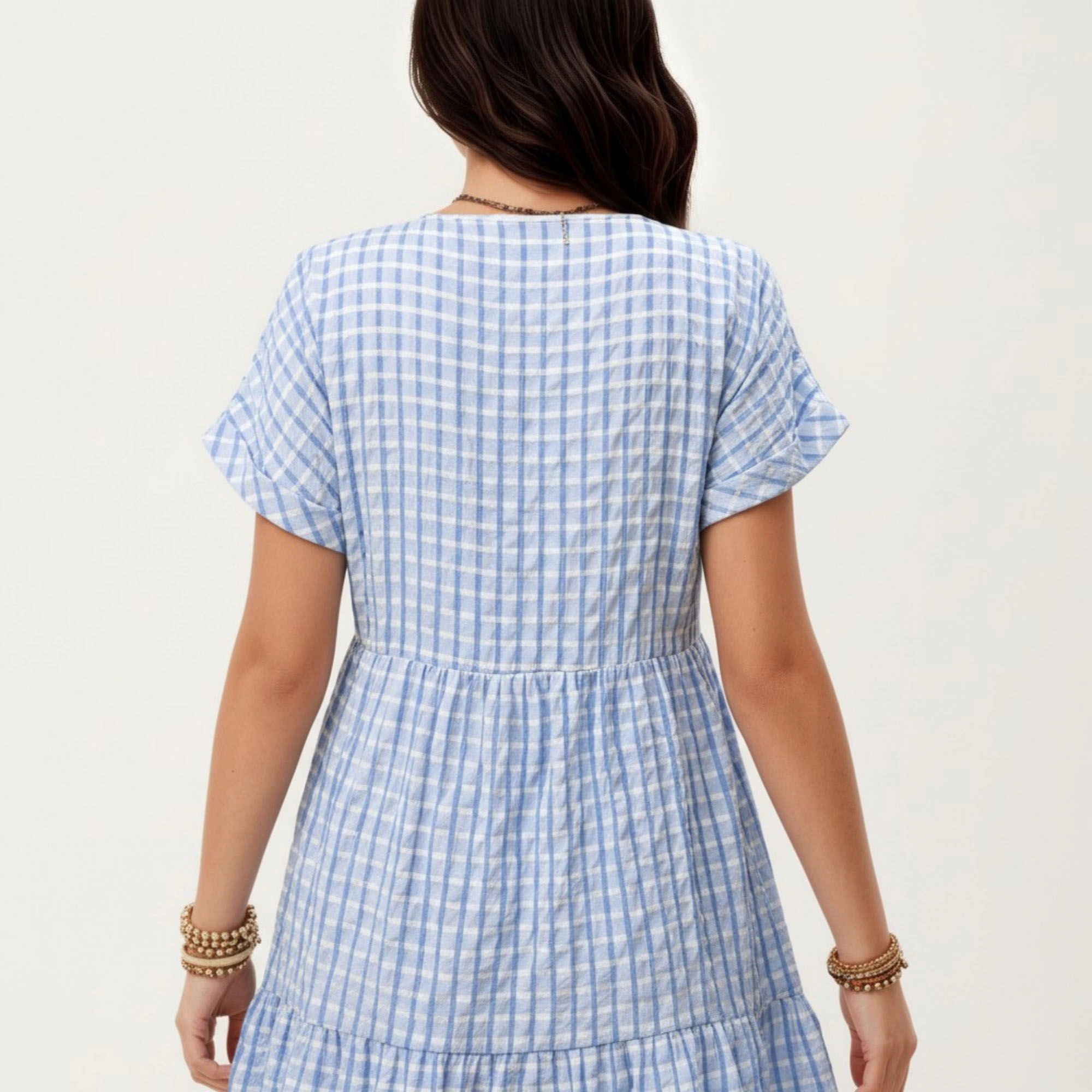 Anna-Kaci Women's Short Sleeve V Neck Plaid Tiered Hem Loose Fit Mini Dress