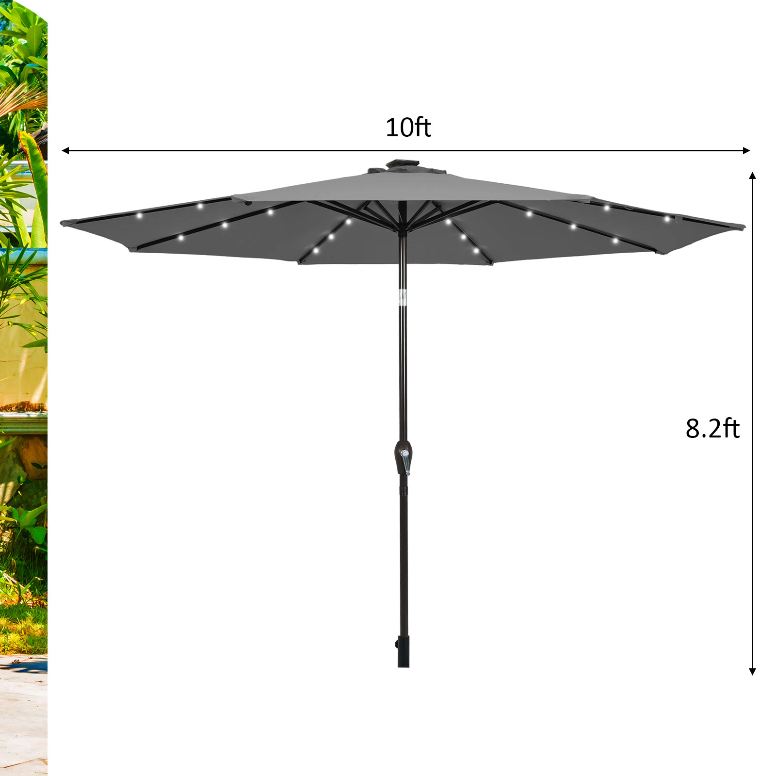 SUGIFT Solar LED Lighted Outdoor Patio Umbrella with Crank Lift 10-ft Canopy Gray