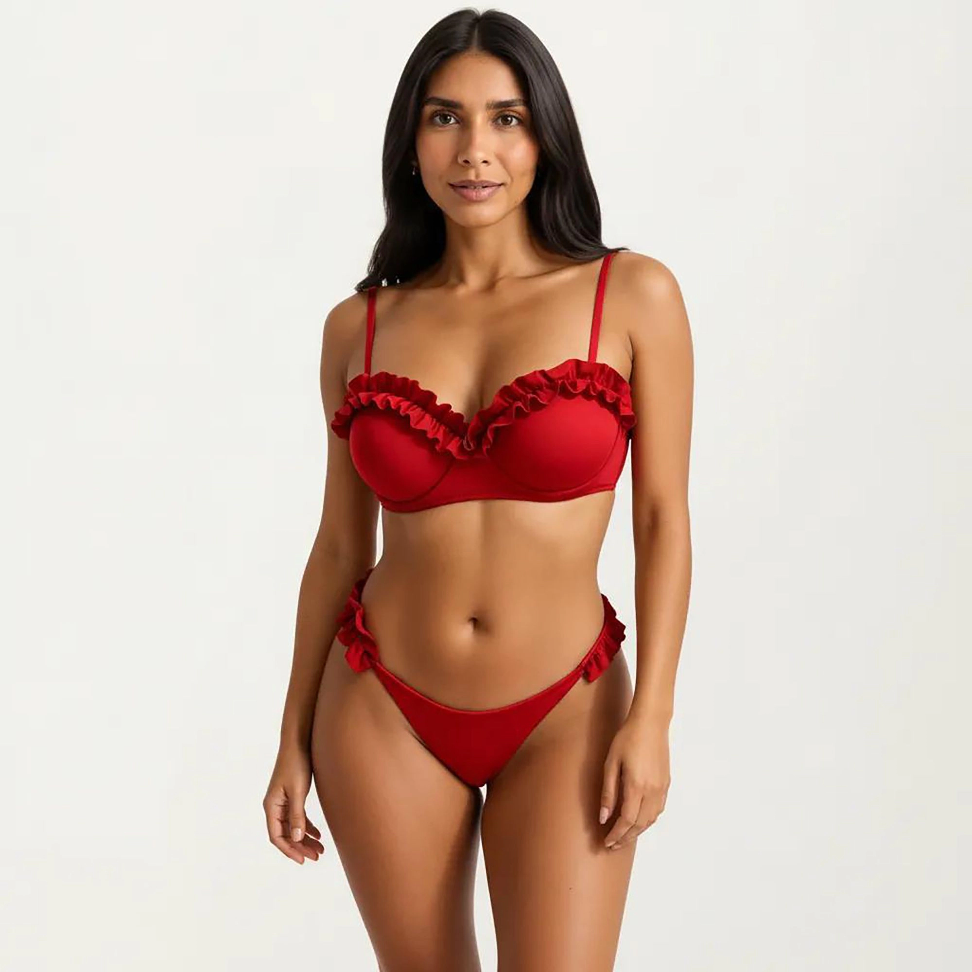 Anna-Kaci Women’s 2-Piece Underwire Bikini with Ruffle Neckline, High-Waist Shirred Bottoms