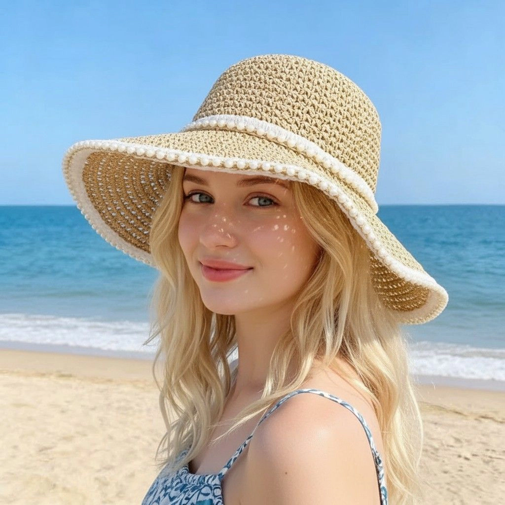 Anna-Kaci Womens Wide Brim Straw Sun Hat Fabric Trim Beach Vacation UV Protection Summer