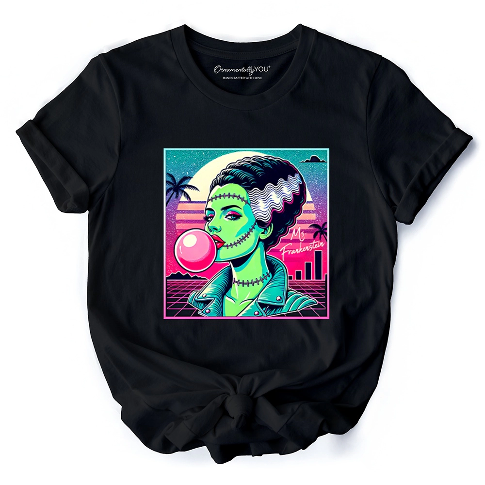 OrnamentallyYou Womens Vaporwave Mrs Frankenstein Retro Halloween T-Shirt