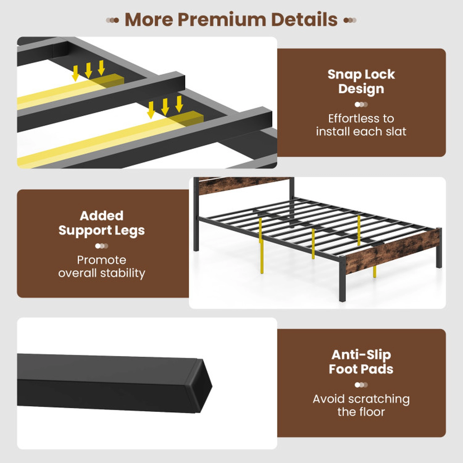 SUGIFT High Slat Headboard Mute Bar and 12 Metal Slats Bed Frame