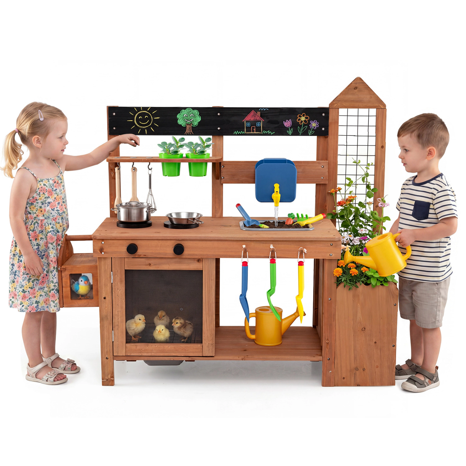 LJG Outdoor Wooden Mud Kitchen with Planter Box and Sink for Toddlers