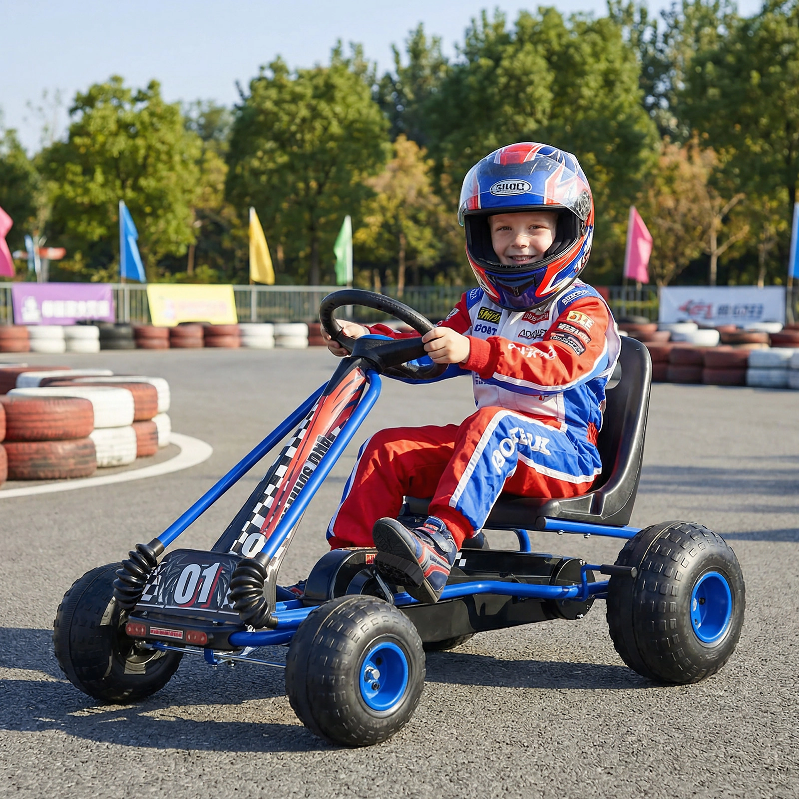 4-Wheel Kids Pedal Go Kart Low Center of Gravity Dual Clutch Modes Hand Brake Multi-Terrain Wheels Ages 3-8 Blue