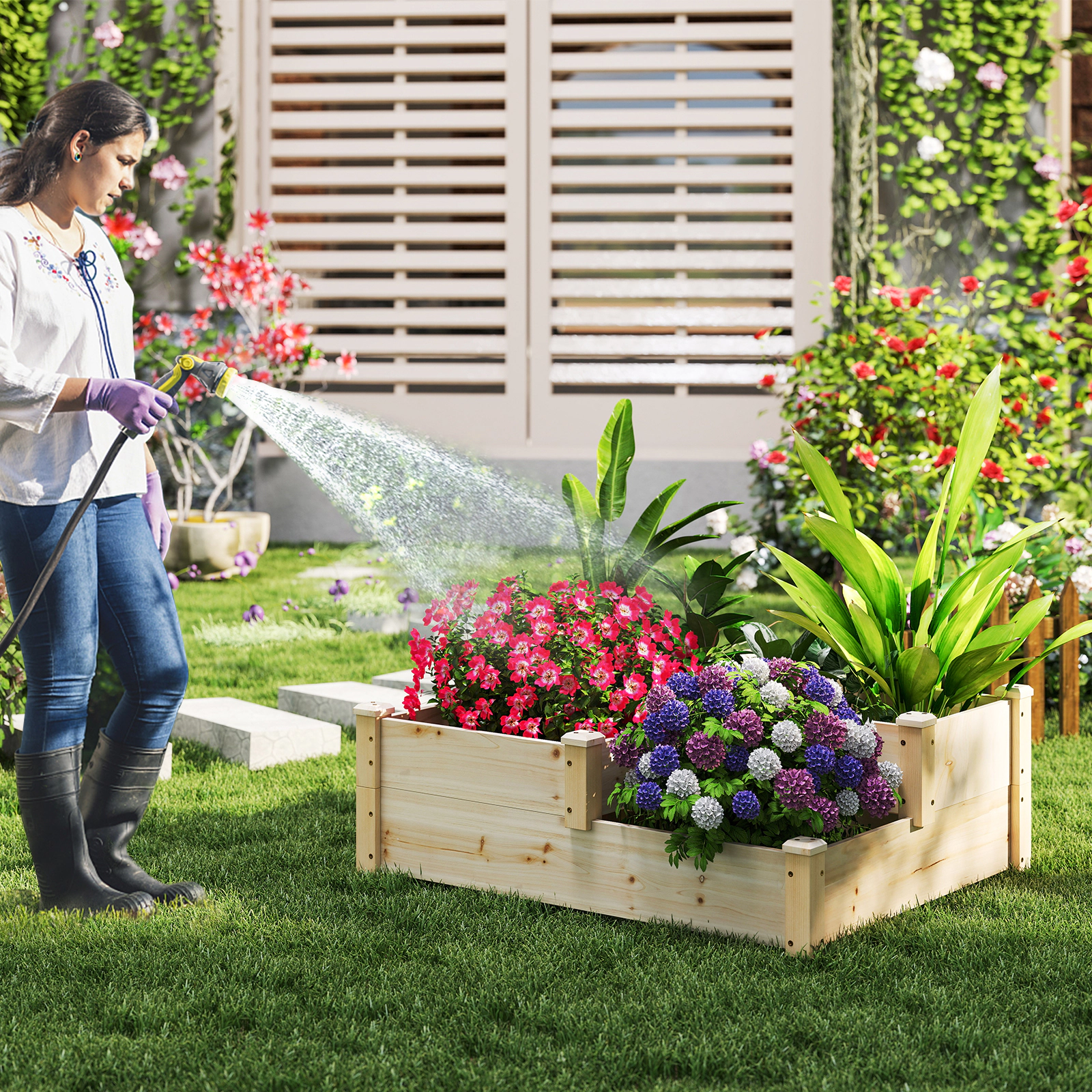 SlickBlue Wooden 3-Tier Raised Planter for Vegetables and Herbs