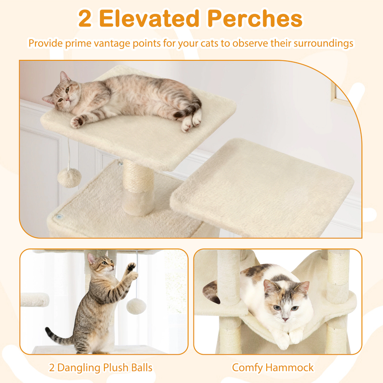 SUGIFT 57-in Beige Cat Tree Tower with 2 Condos Hammock Dangling Balls and 29-in Wide Weighted Base