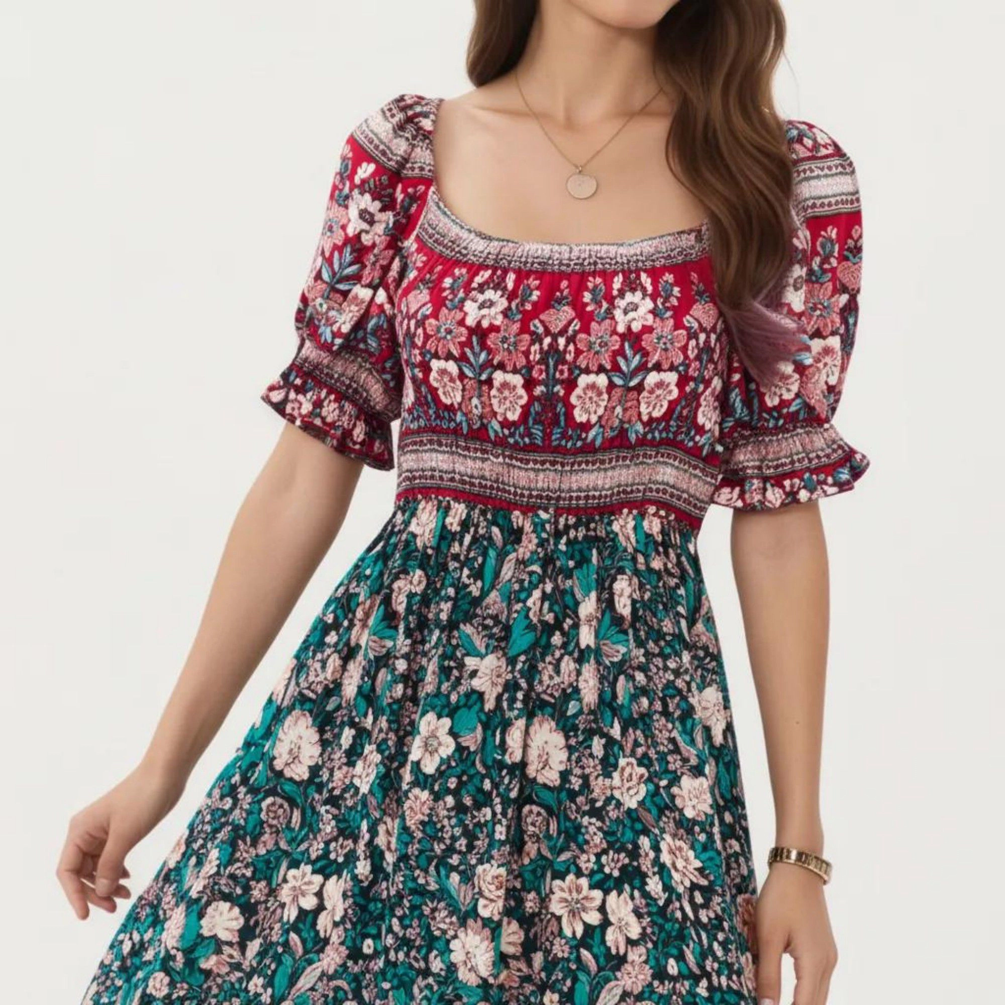 Anna-Kaci Women's Puff Sleeve Mixed Floral Print Border Hem Maxi Dress