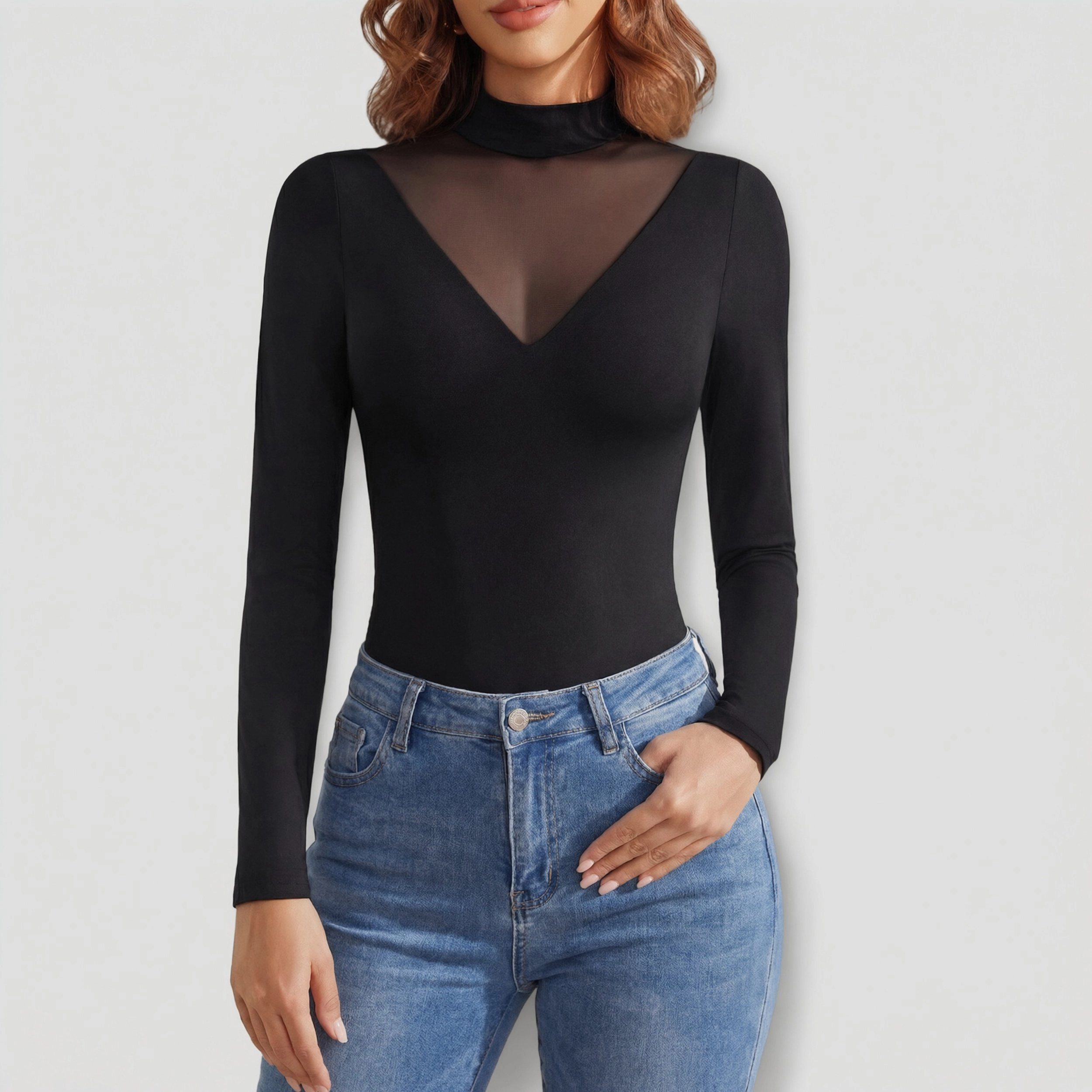 Avidlove Women's Mock Turtleneck Sheer Mesh V Panel Double Lined Long Sleeve Thong Bodysuit