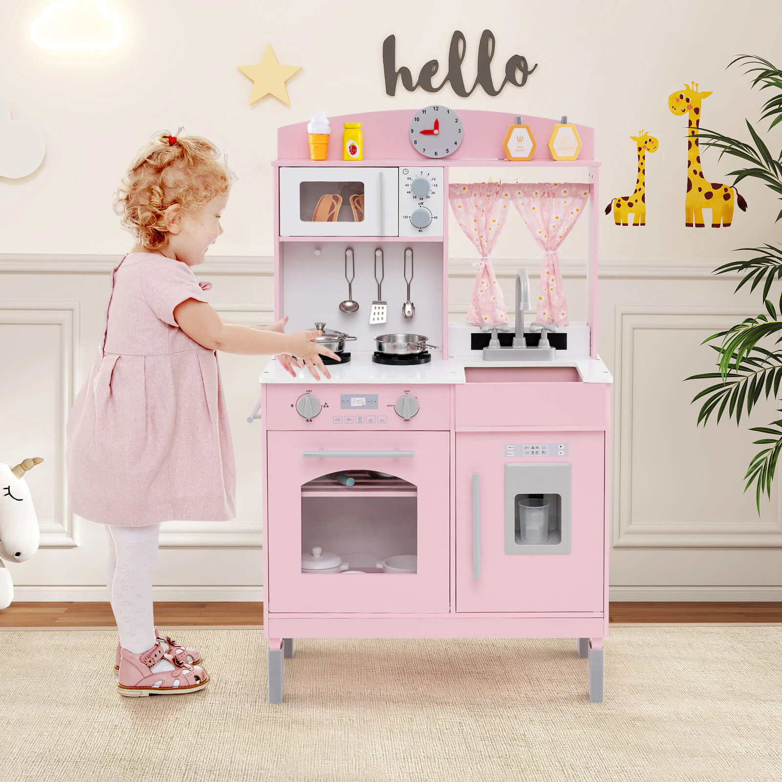 Costway Play Kitchen with 3 Adjustable Heights, Microwave, Stoves, Sink, Oven, Ice Maker White