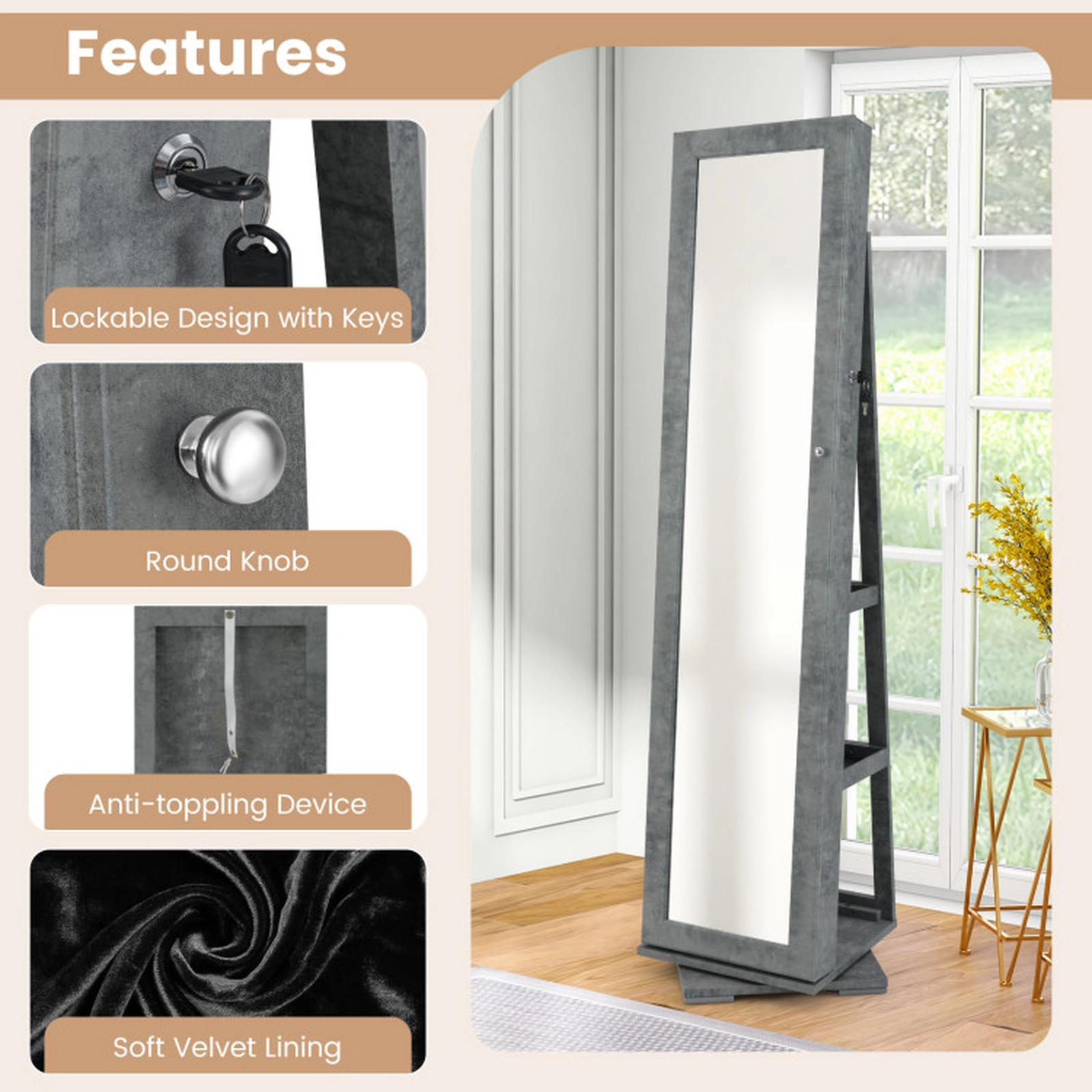 SUGIFT 360° Rotatable 2-in-1 Lockable Jewelry Cabinet Full-Length 11 x 57 in Mirror 63.5-in Tall 48-lb Net Weight Green