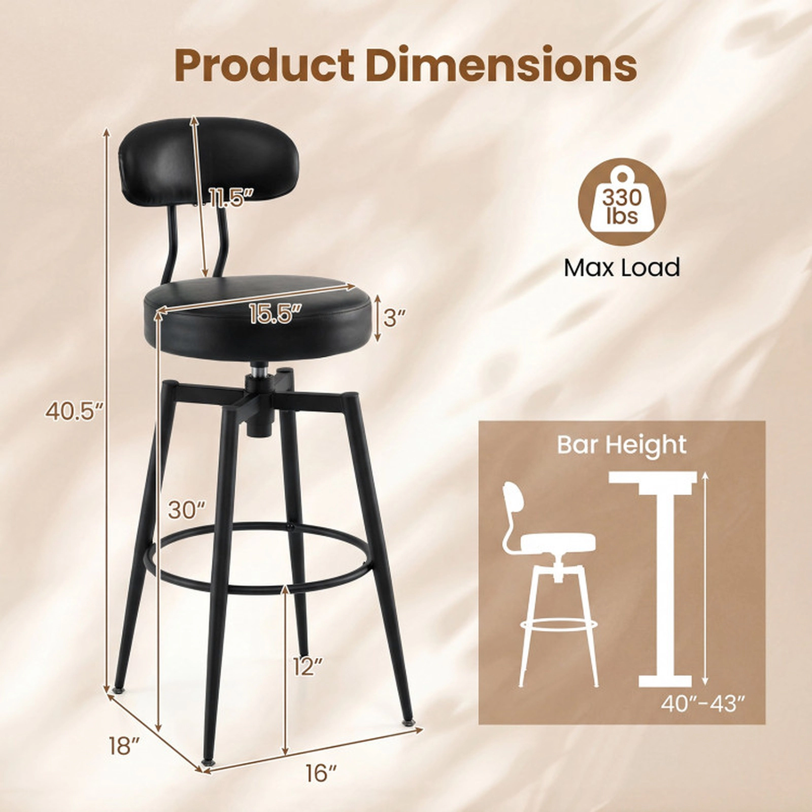 SUGIFT Black Upholstered Faux Leather Seat and Back Set of 4 Swivel Bar Stools