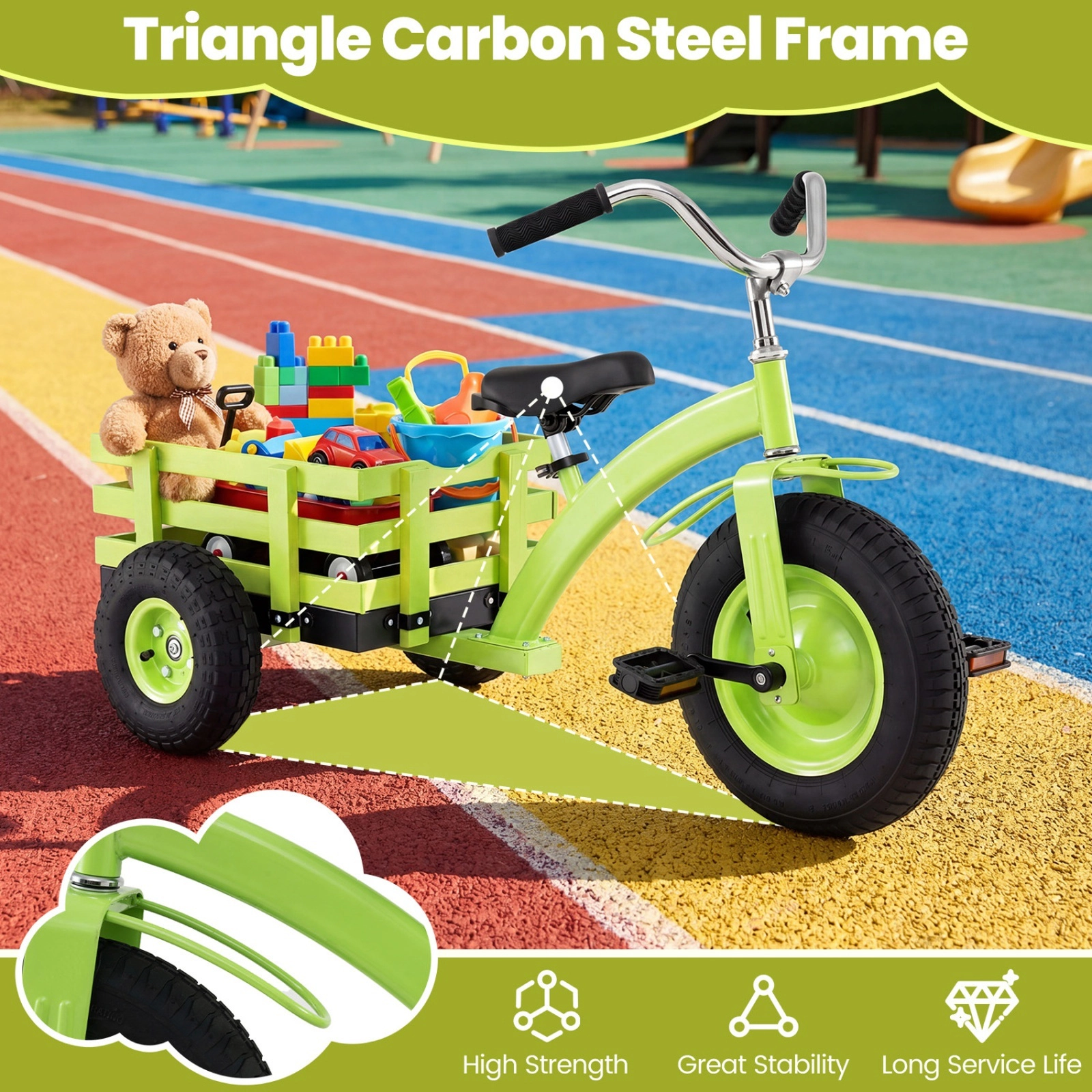 Kids Tricycle 15-in Inflatable Rubber Tires 200-lb Load Capacity Triangle Carbon Steel Frame Basket Ages 3+ Green