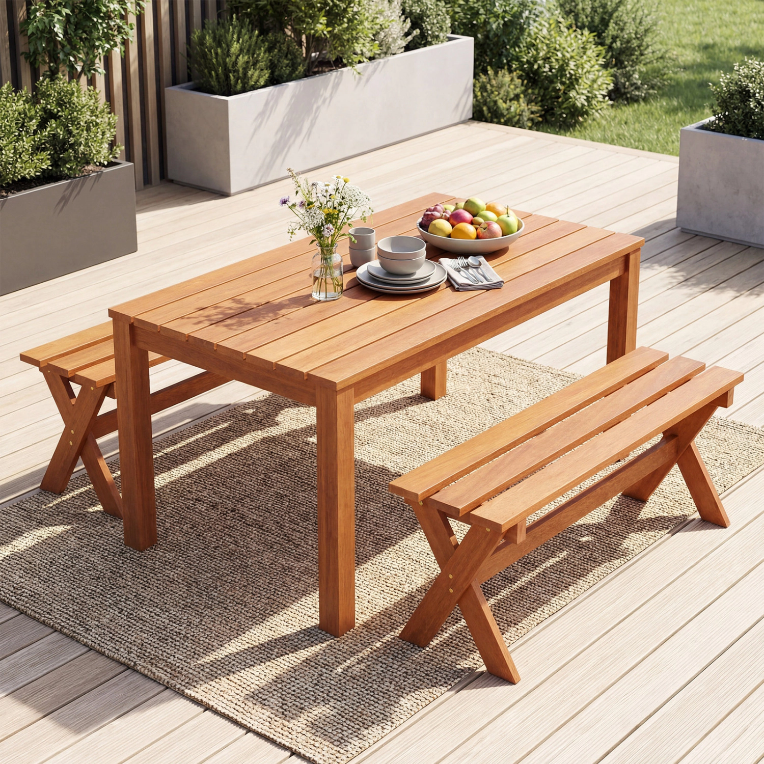 LJG 36" Outdoor Solid Wood Bench Backless Patio Dining Bench with Teak Oil Finish