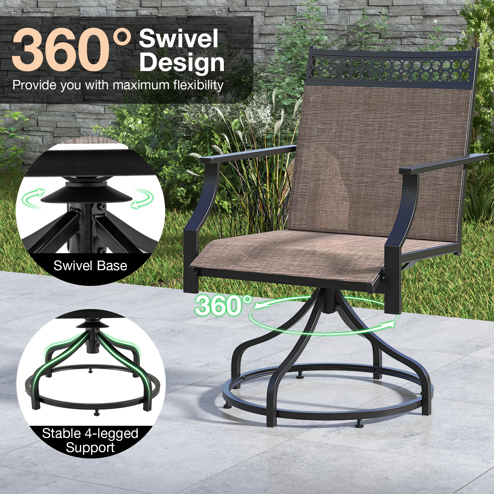 SUGIFT Patio Swivel Dining Chairs Set of 2 with 360° Swivel Heavy-duty Metal Frame 400-lb Capacity Brown/Gray