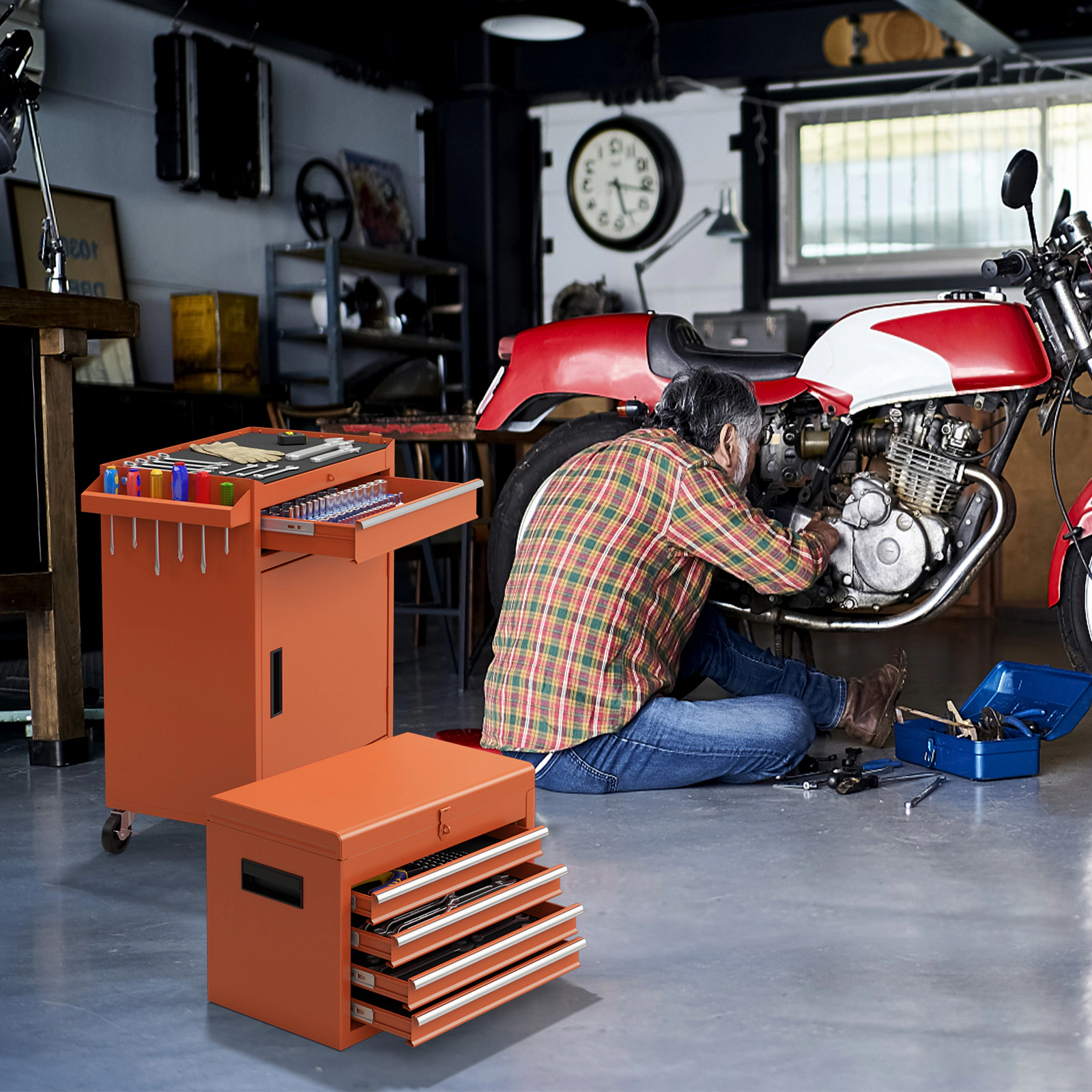 SUGIFT 2-in-1 Steel Tool Chest and Cabinet with 5 Sliding Lockable Drawers 220.5-lb Capacity 23 x 11 x 40.5 in Orange