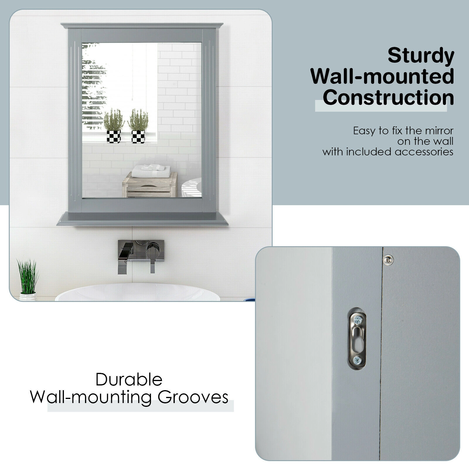 SUGIFT Gray 22.5-in x 27-in Wall Mounted Bathroom Vanity Mirror with Shelf and Grooved MDF Frame