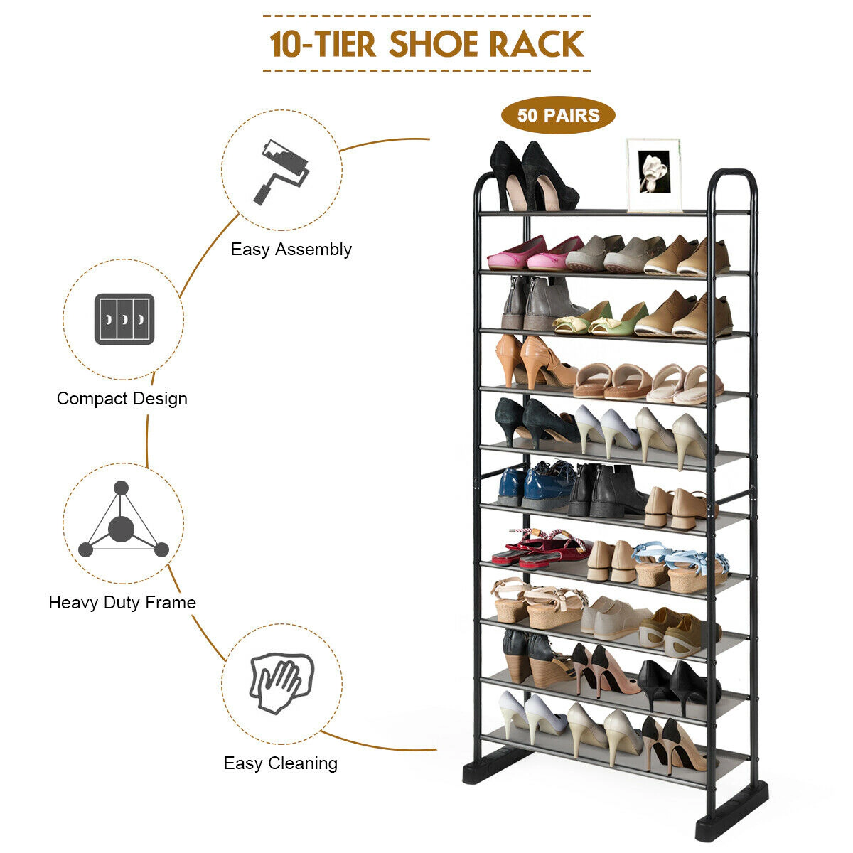 Hivvago 10-Tier Metal Shoe Storage Rack for Home and Entryway