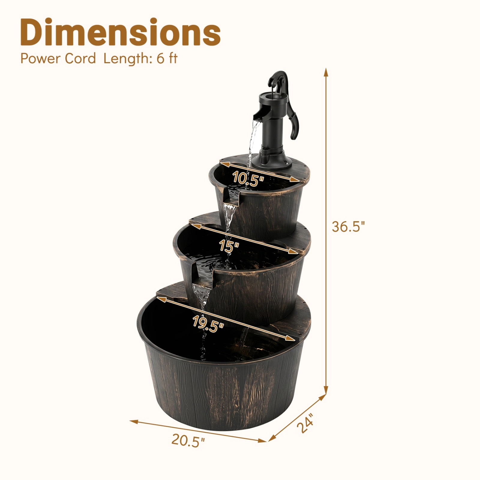 SUGIFT 3-Tier 37-in Outdoor Waterfall Barrel Water Fountain with Electric Pump and Bronze Finish