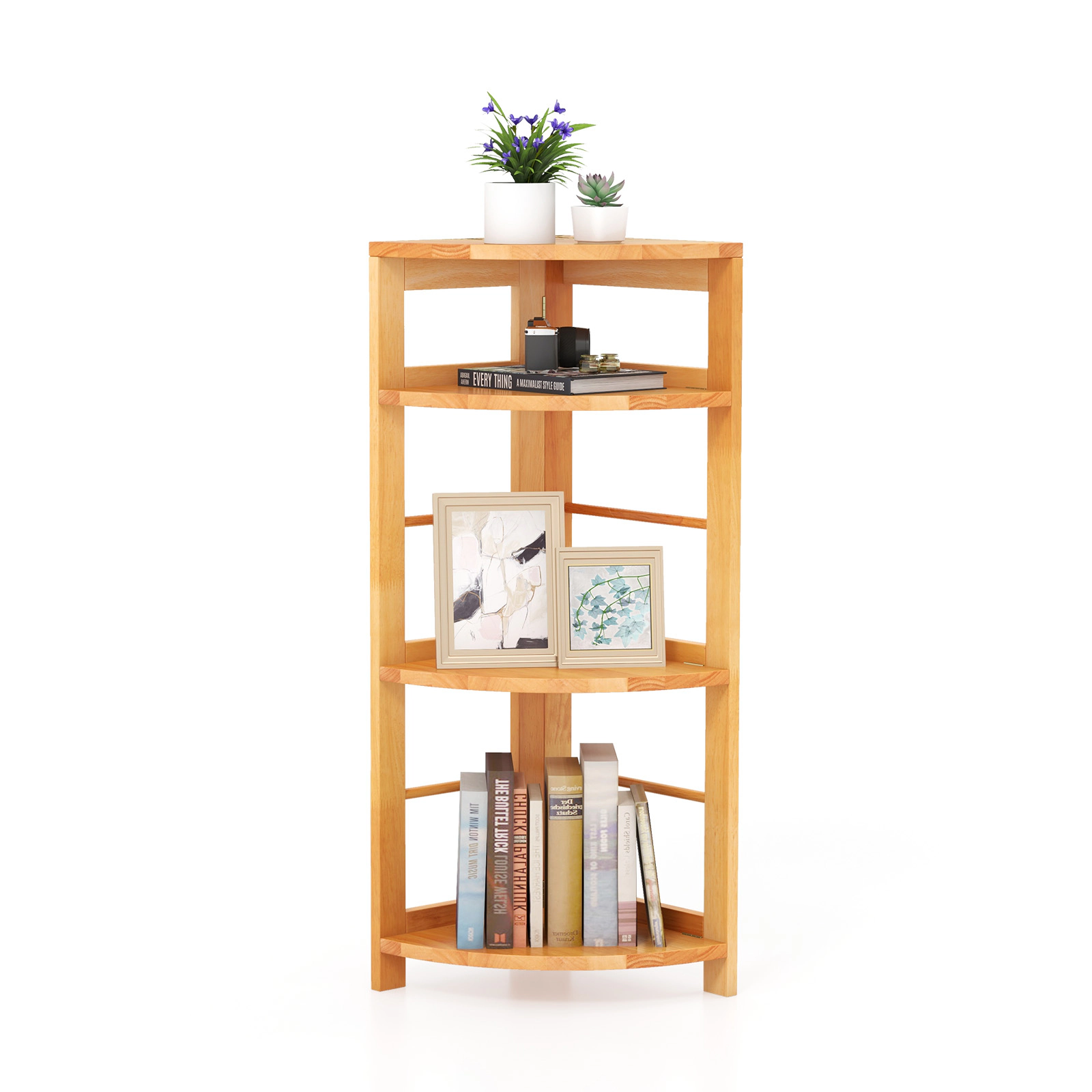 SUGIFT 4-Tier Natural 34-in Rubber Wood Corner Bookshelf Plant Stand Display Rack with Anti-Toppling Kit