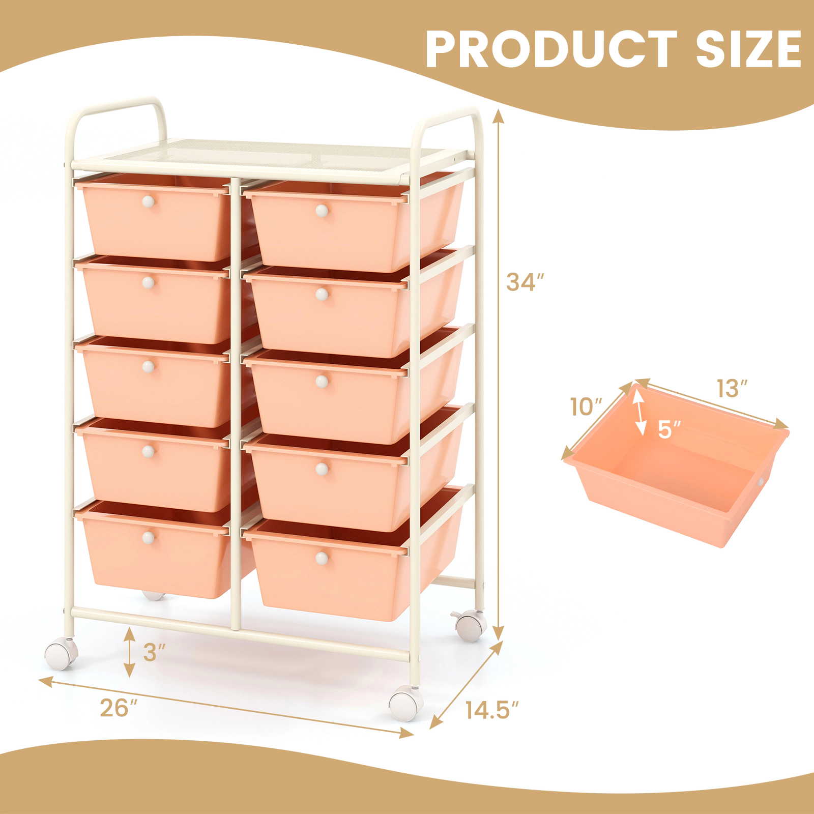 SUGIFT Peach 10-Drawer Rolling Storage Cart Organizer with 5-in Deep Bins Mesh Top Shelf and Locking Wheels