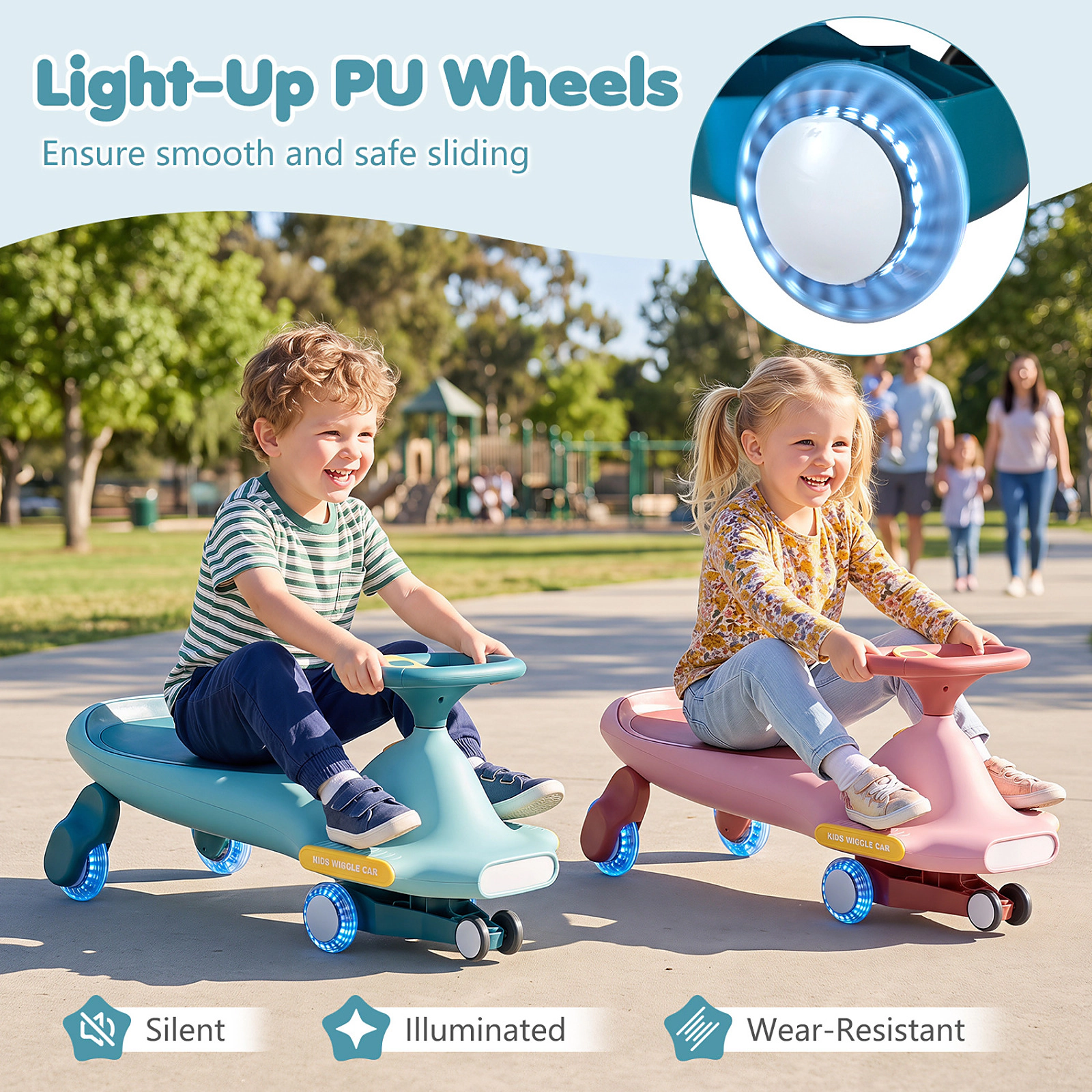 SUGIFT Blue Kids Ride-On Wiggle Car with 6 LED Flashing Wheels Music and Wide Wheelbase Ages 2-8
