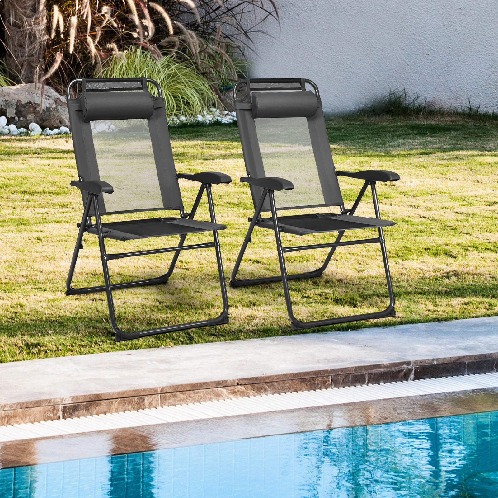 LJG 2 Pieces Patio Adjustable Folding Recliner Chairs with 7 Level Adjustable Backrest