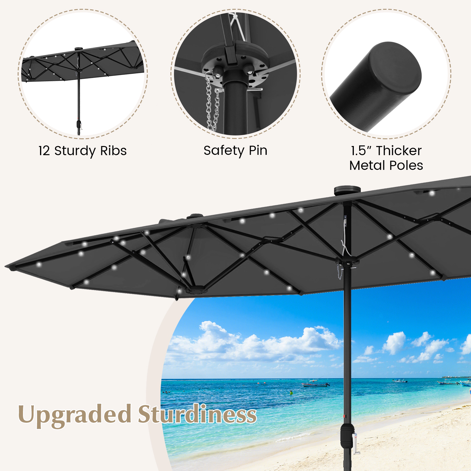 SUGIFT Double-Sided Patio Umbrella with Solar Lights and Crank Lift 13-ft for Garden Pool Backyard Gray
