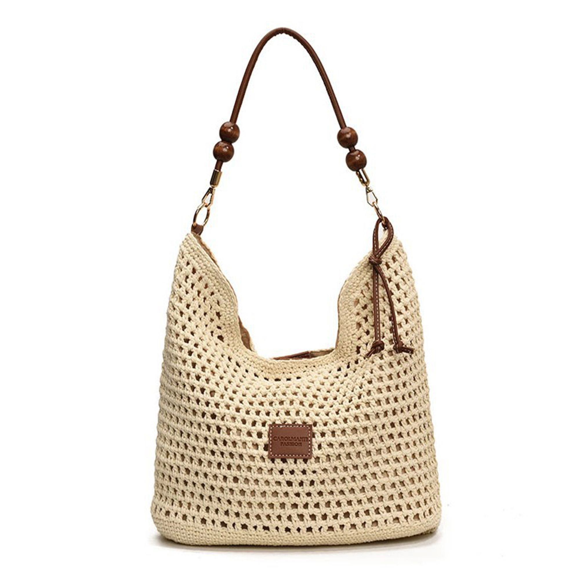 Alilang Women's Crochet Shoulder Bag with Wooden Bead Strap Knit Hobo Handbag Lined Casual Everyday Tote