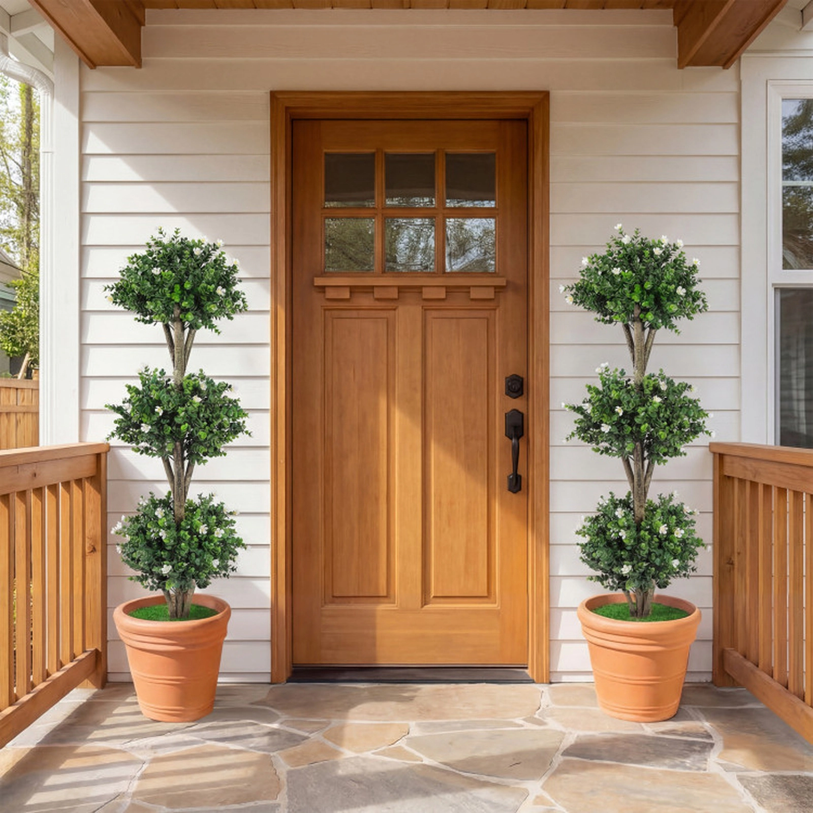 SUGIFT 51-in Artificial Triple Ball Boxwood Topiary Tree with 59 White Blossoms and Cement-Filled Pot