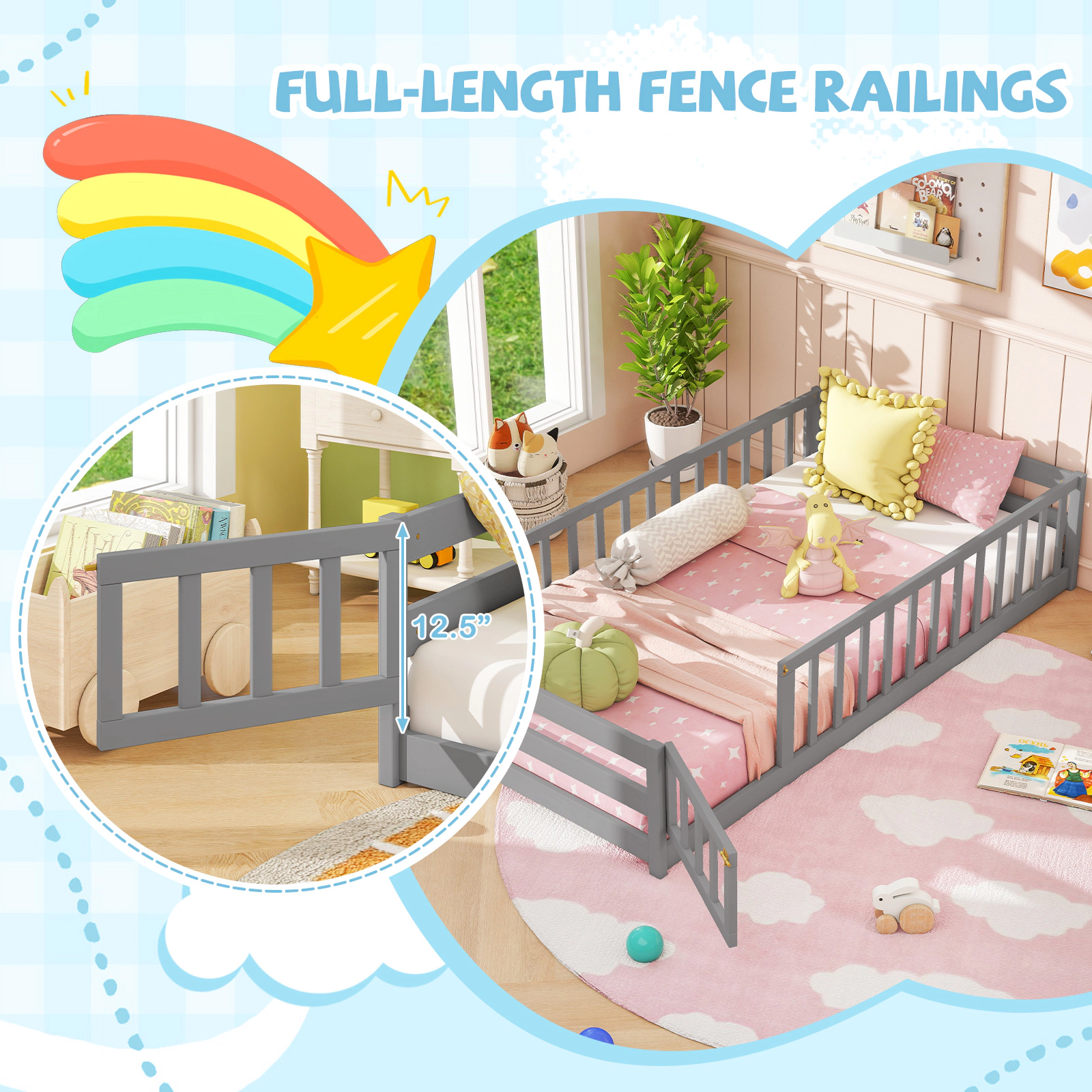 SUGIFT Lockable Door and Full-Length Fence Pine Wood Twin Kids Montessori Floor Bed