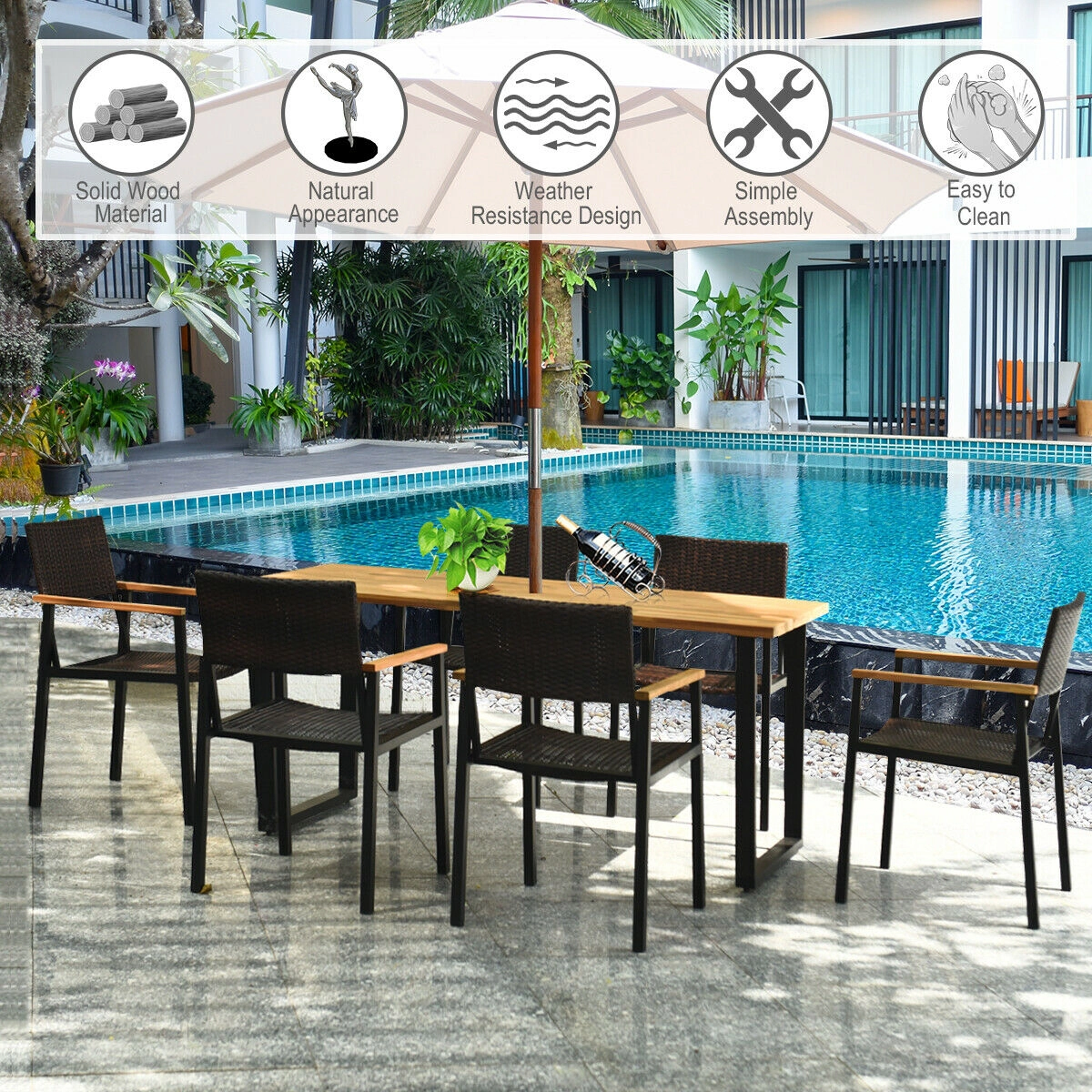 LJG Patented 7 Pieces Outdoor Dining Set with Large Acacia Wood Table Top