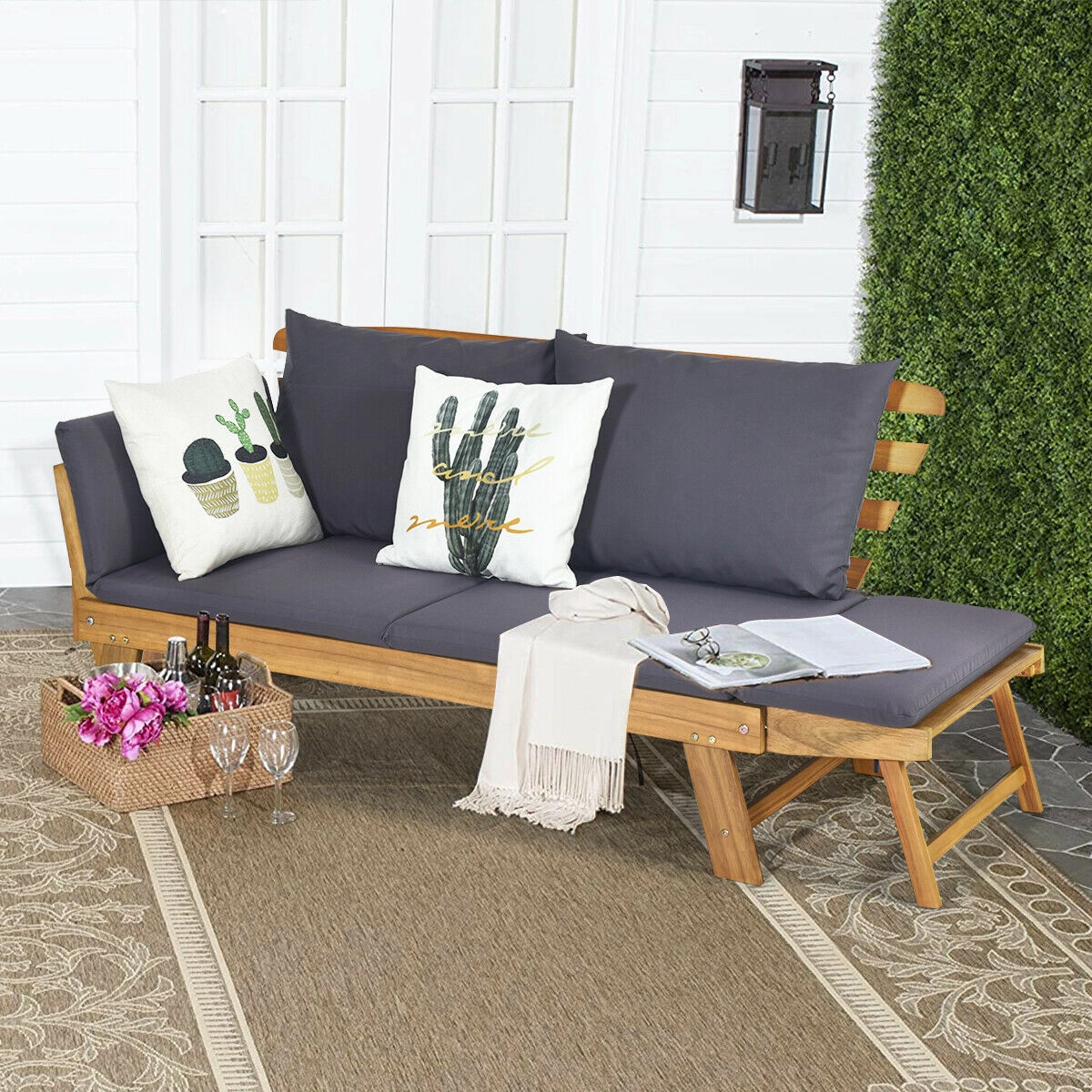 LJG Patio Convertible Solid Wood Sofa with Cushion