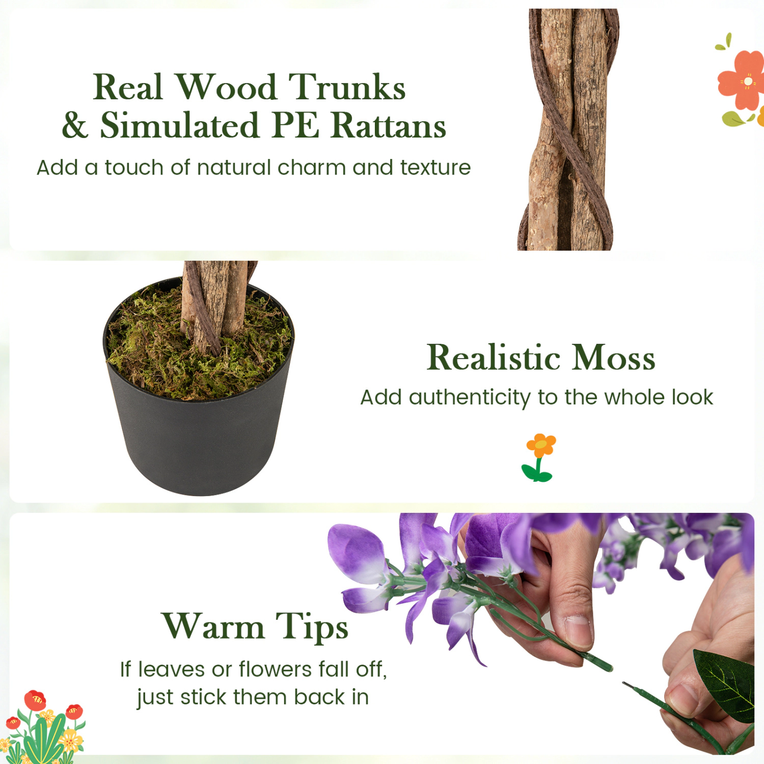 Slickblue Artificial Wisteria Tree 65in Set of 2 Purple Hanging Flowers in Planter Floor Decor