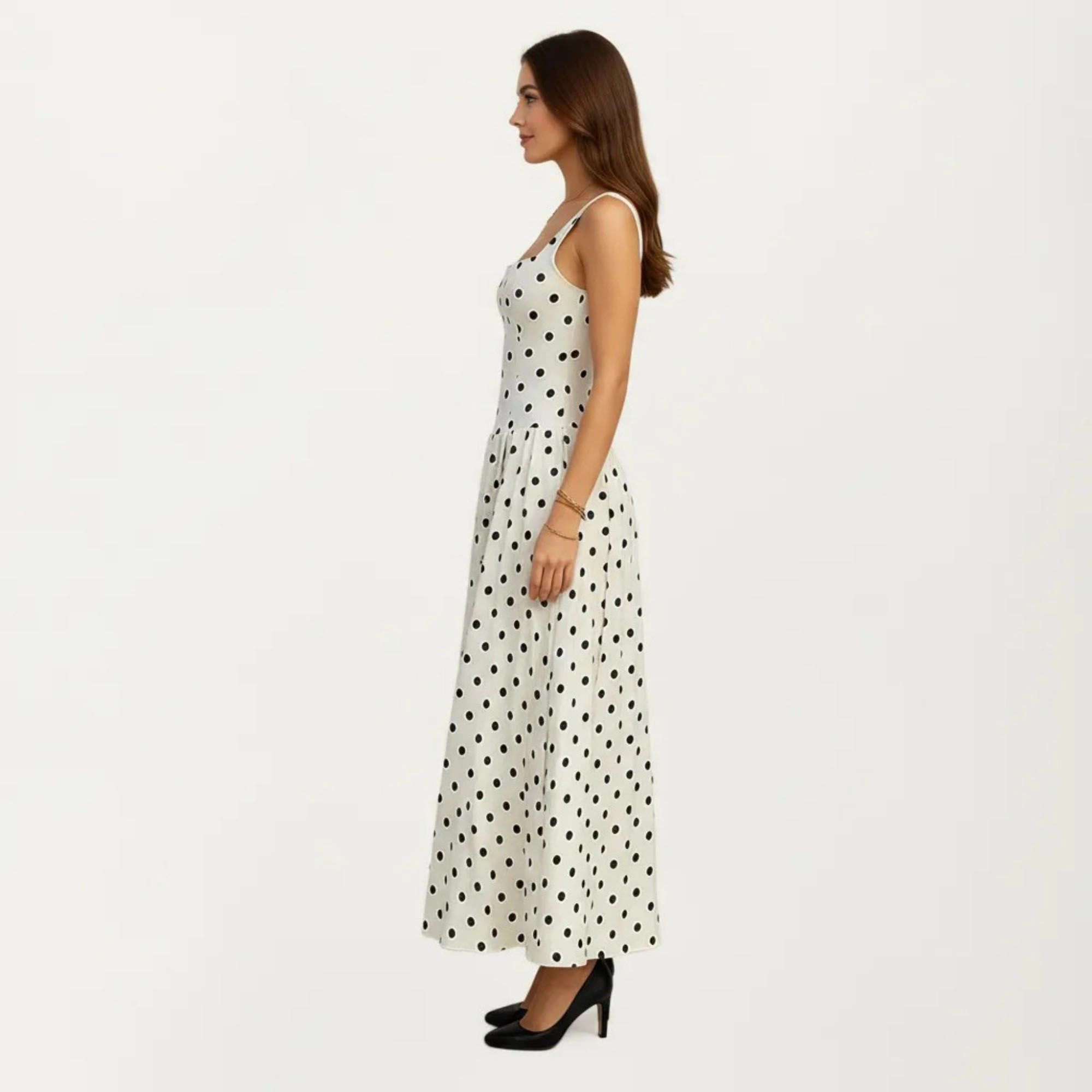 Anna-Kaci Polka Dot Square Neck Pleated A-Line Midi Dress